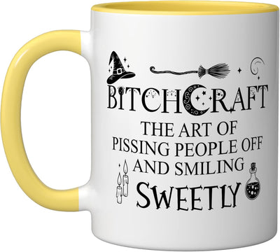 Taza cerámica Bitchcraft arte de molestar sonriendo amarillo/blanco