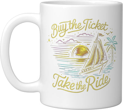 Taza Cerámica Aventura Velero Atardecer Blanca
