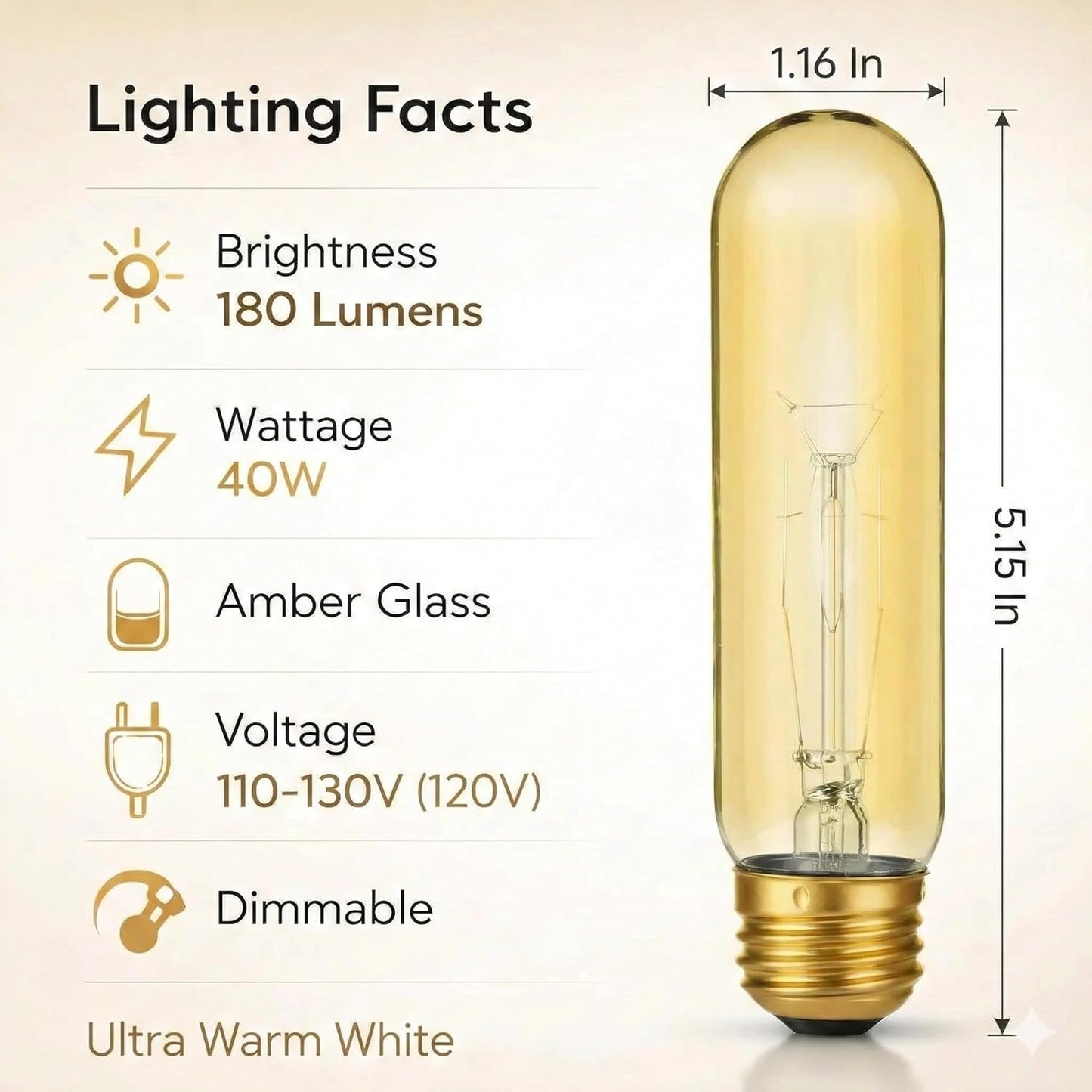 Bombilla Tubular T10 E26 Vidrio Ámbar 40W Blanco Ultra Cálido