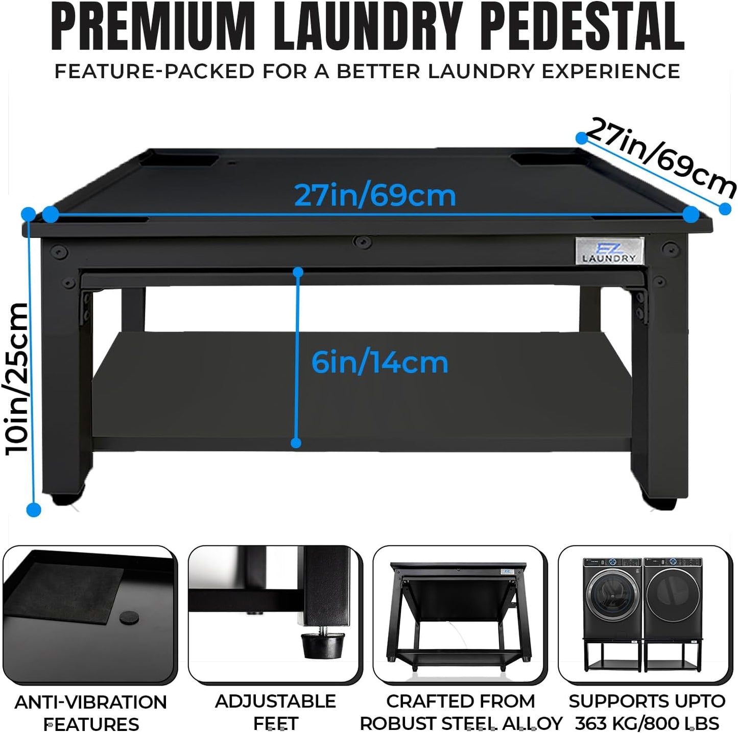 Pedestal lavadora secadora acero negro 27pulg ajuste universal