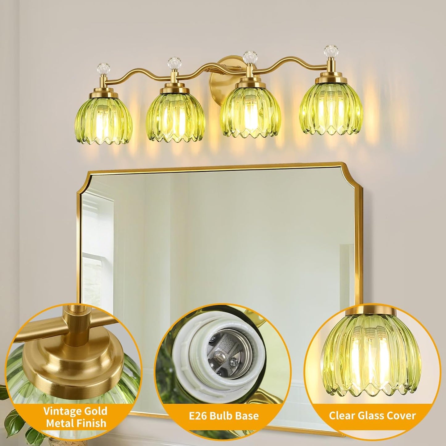 Lámpara baño 4 luces pantalla vidrio verde oro cepillado