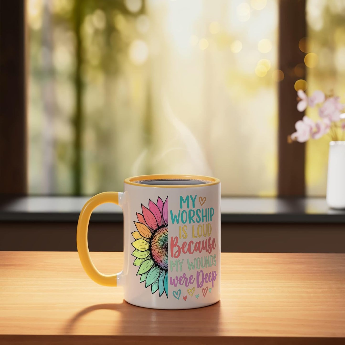 Taza de cerámica Mi adoración es fuerte porque mis heridas fueron profundas amarillo/blanco