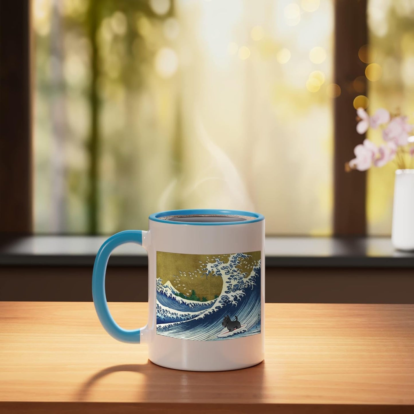 Taza cerámica para hombre mujer niño amante del terrier escocés surfista azul/blanco