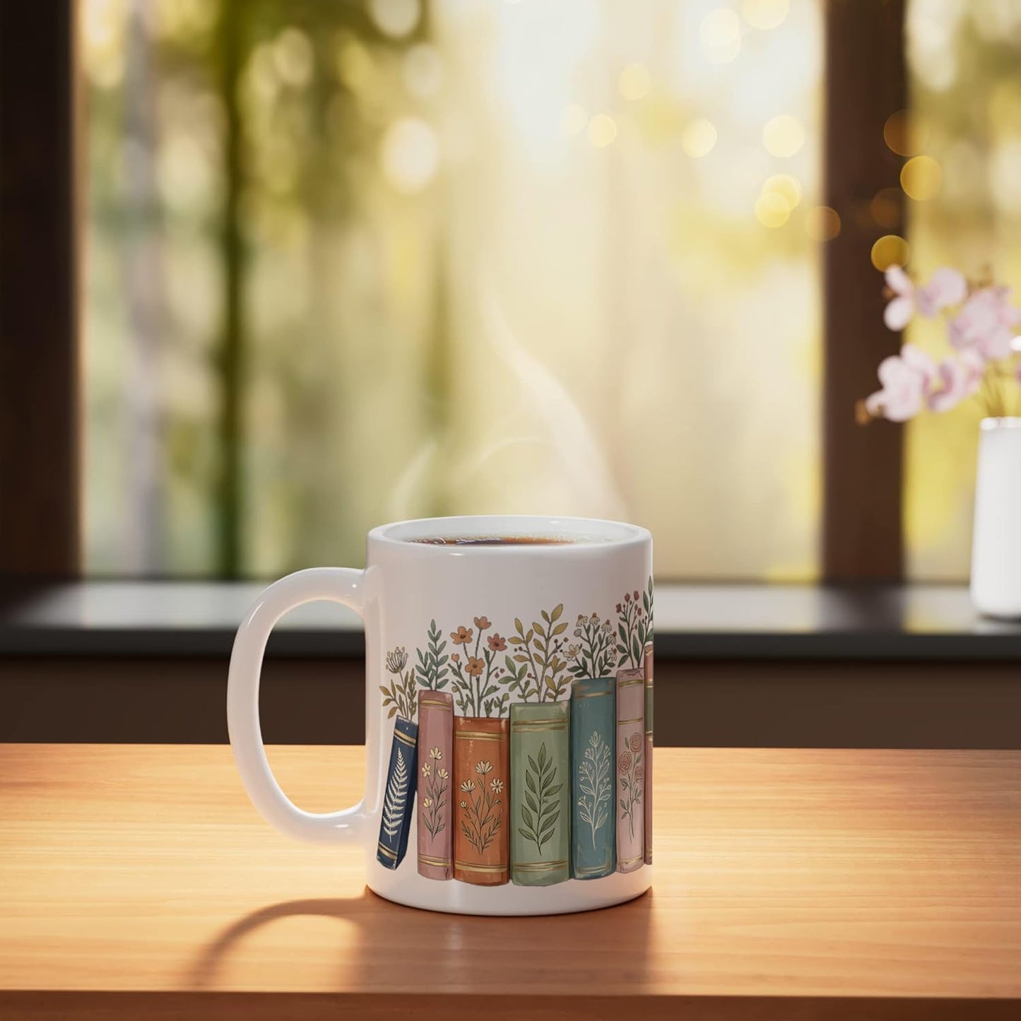 Taza cerámica floral para amantes de libros vintage
