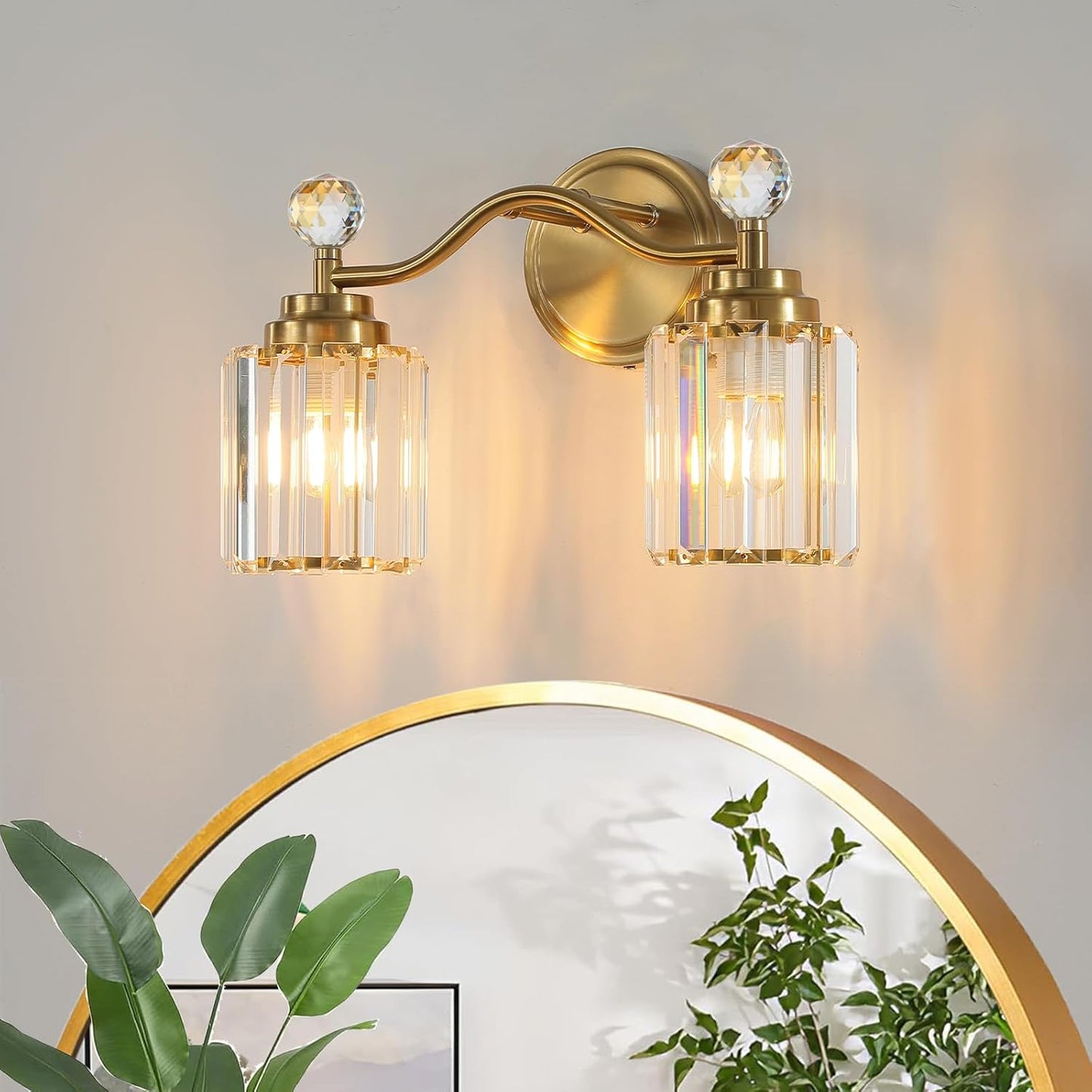 Lámpara tocador latón dorado 2 luces pantalla cristal E26