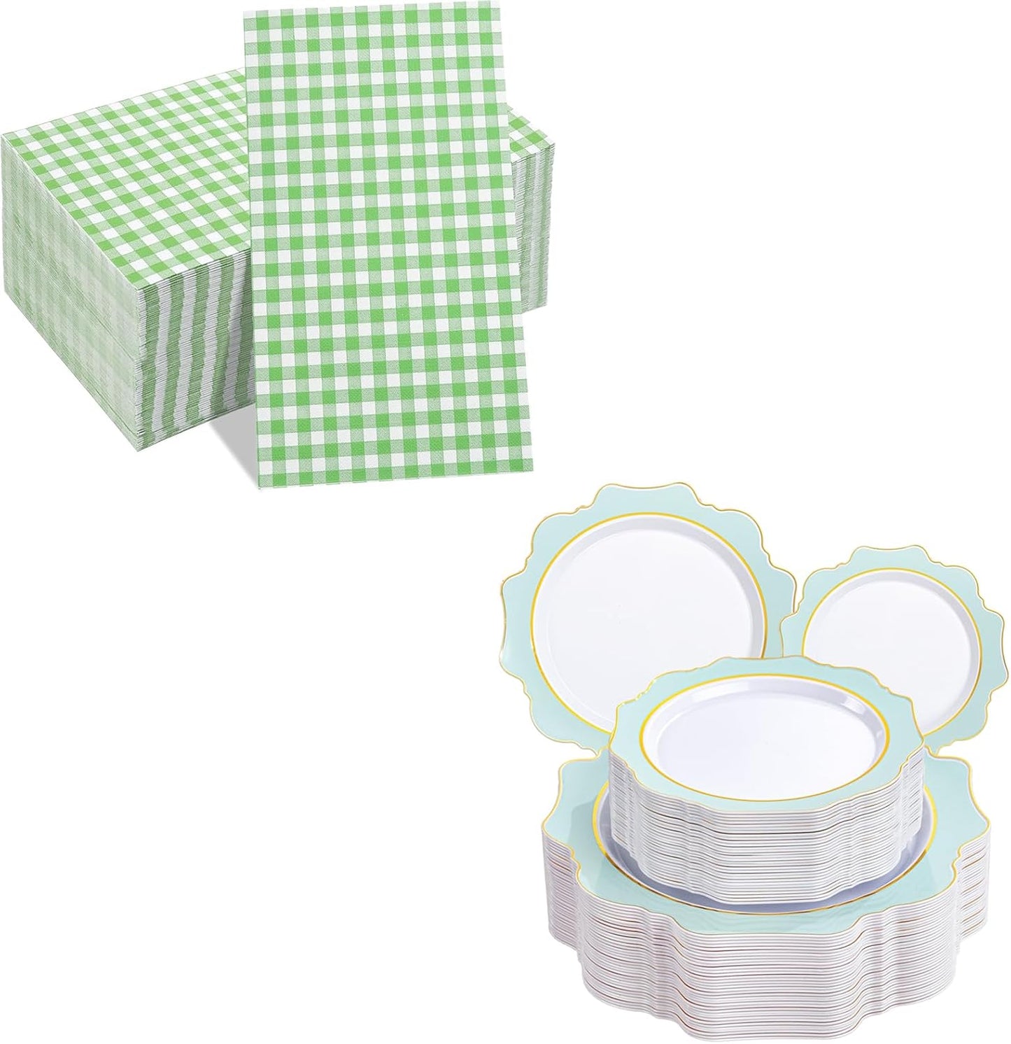 Set servilletas gingham verde y platos plásticos menta