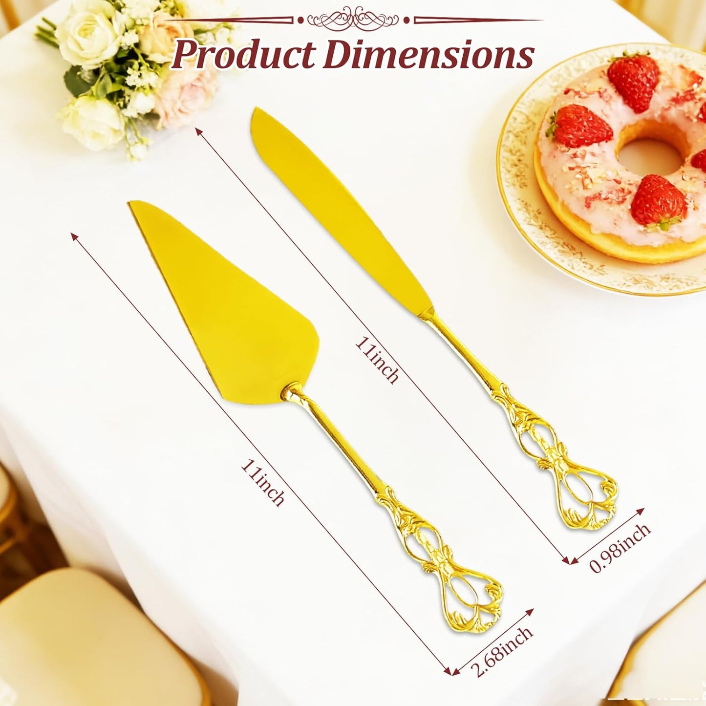 Juego de 2 cuchillos y servidores dorados para tartas de boda