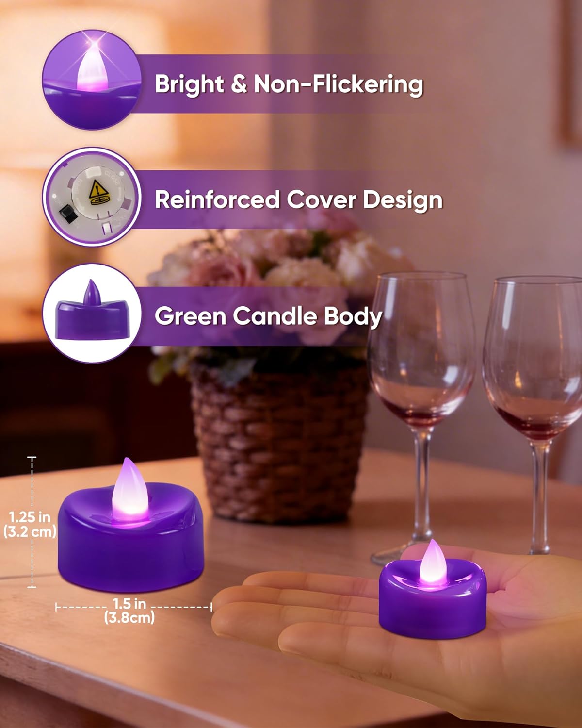 Velas LED sin llama paquete 24 morado para decoración