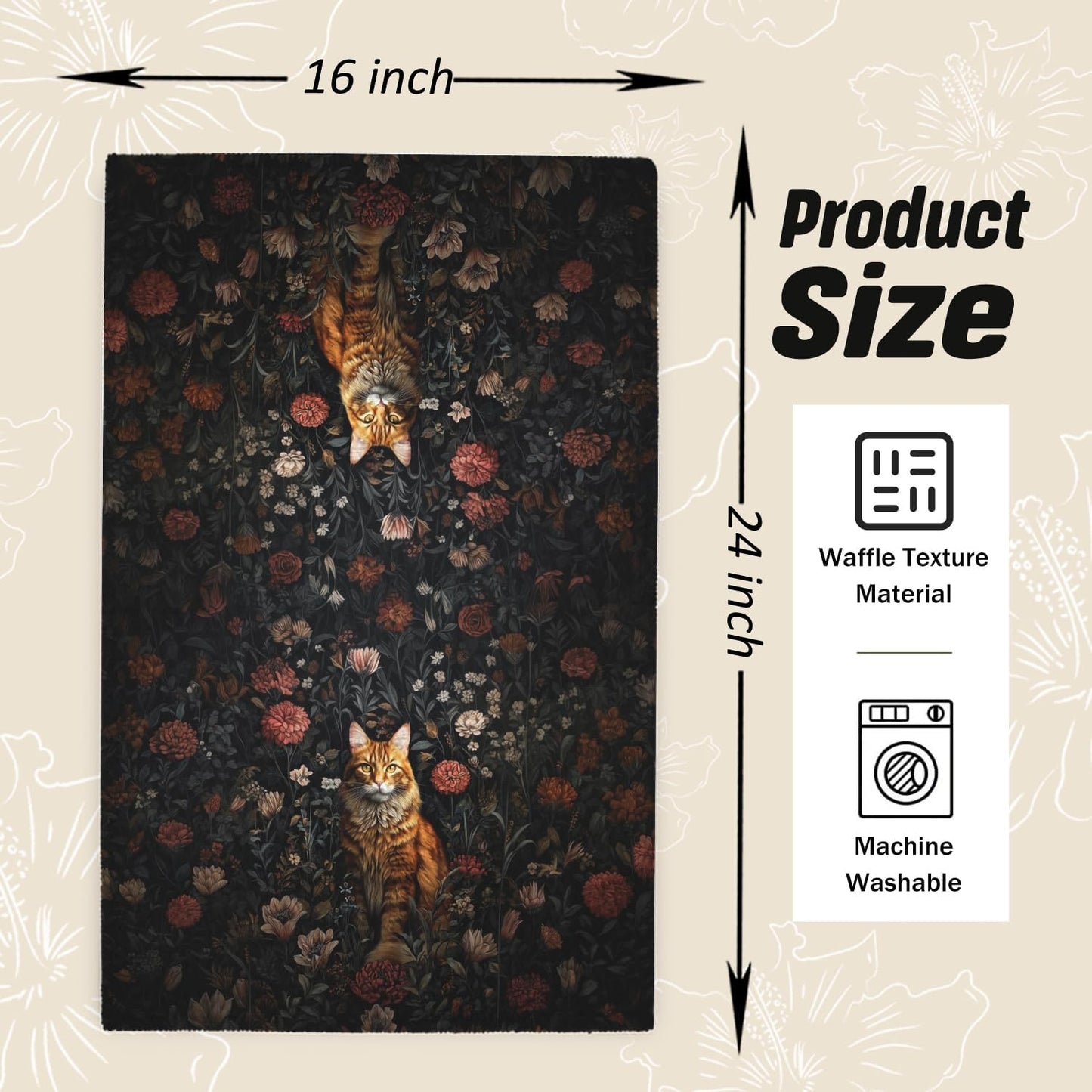 Toalla de cocina vintage Moody Floral Tabby Cat 16 x 24