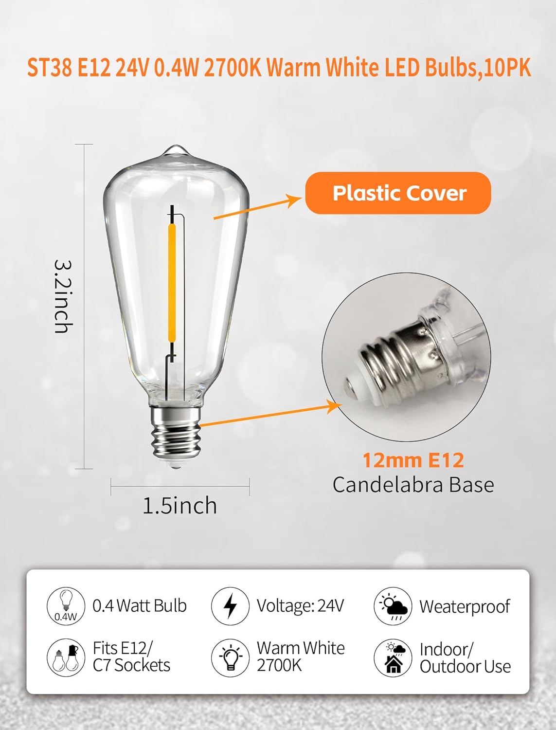 Pack 10 Bombillas LED ST38 24V E12 Plástico Blanco Cálido