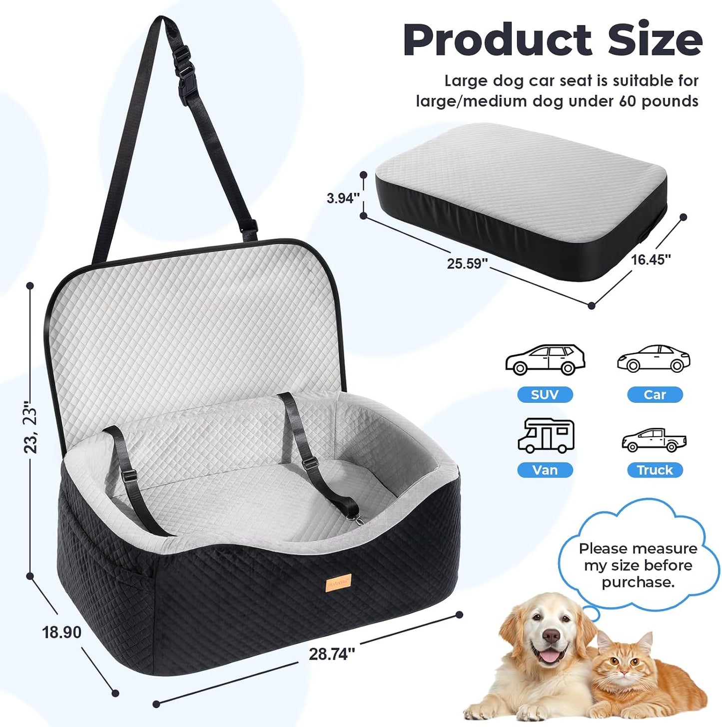 Asiento perros grandes 60lb espuma visco 4pulg cinturones triples