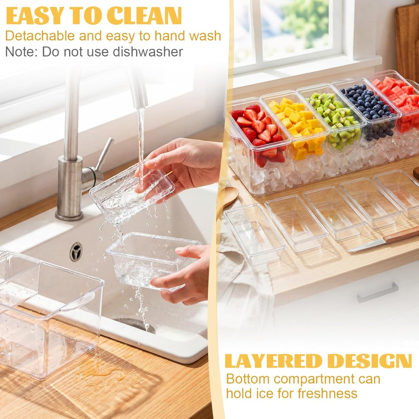 Set 4 bandejas condimentos hielo 16x6pulg con recip. y cucharas