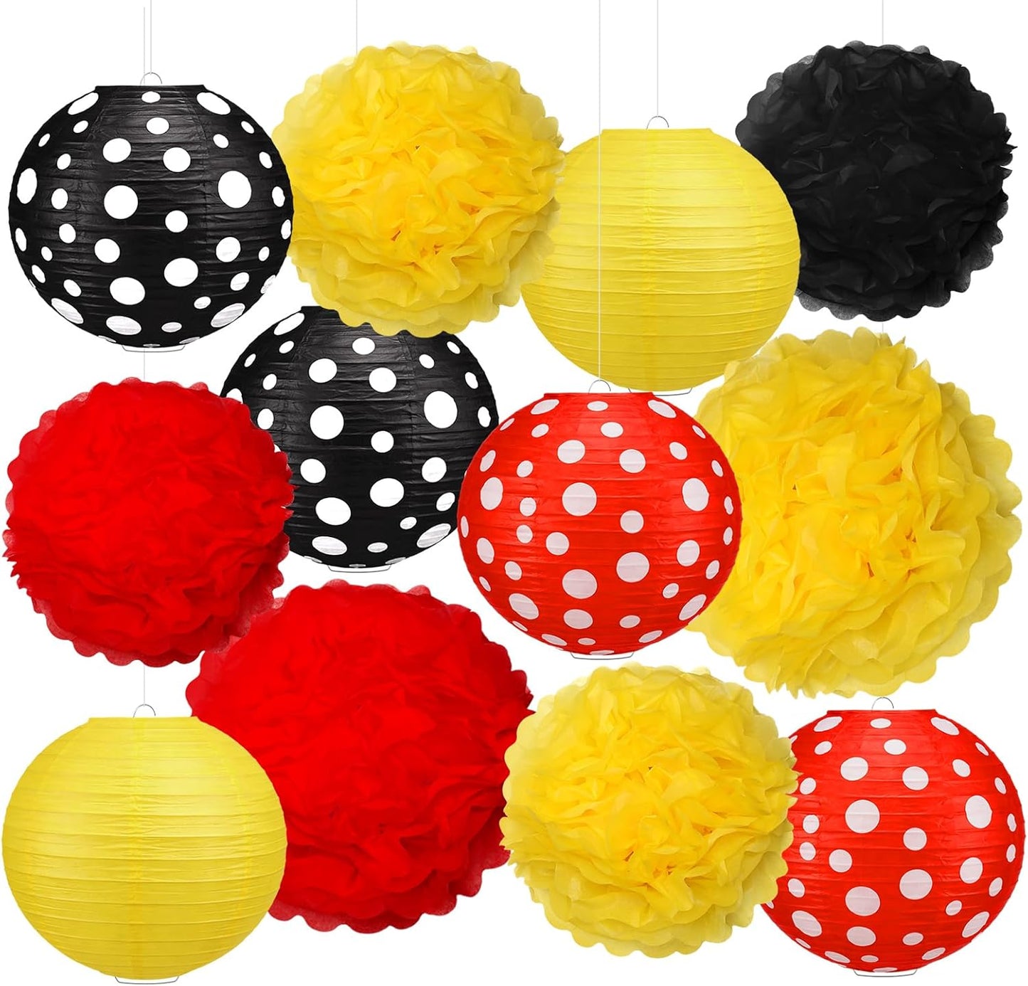 15 Pzas Decoración Cumpleaños Ratón Linternas Pompones Rojo Amarillo