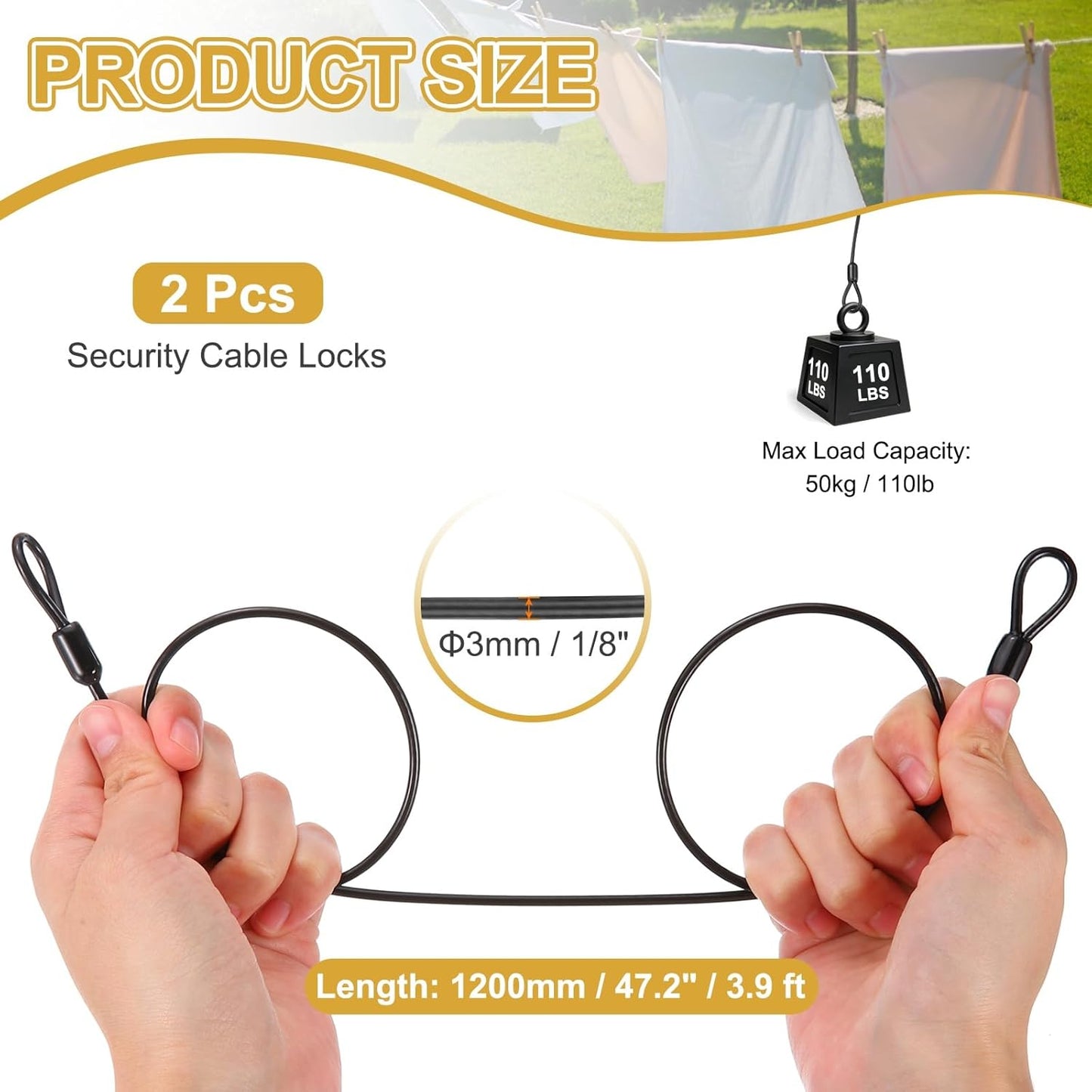 Cable seguridad acero inox flexible 3.9ft negro 2 pzas