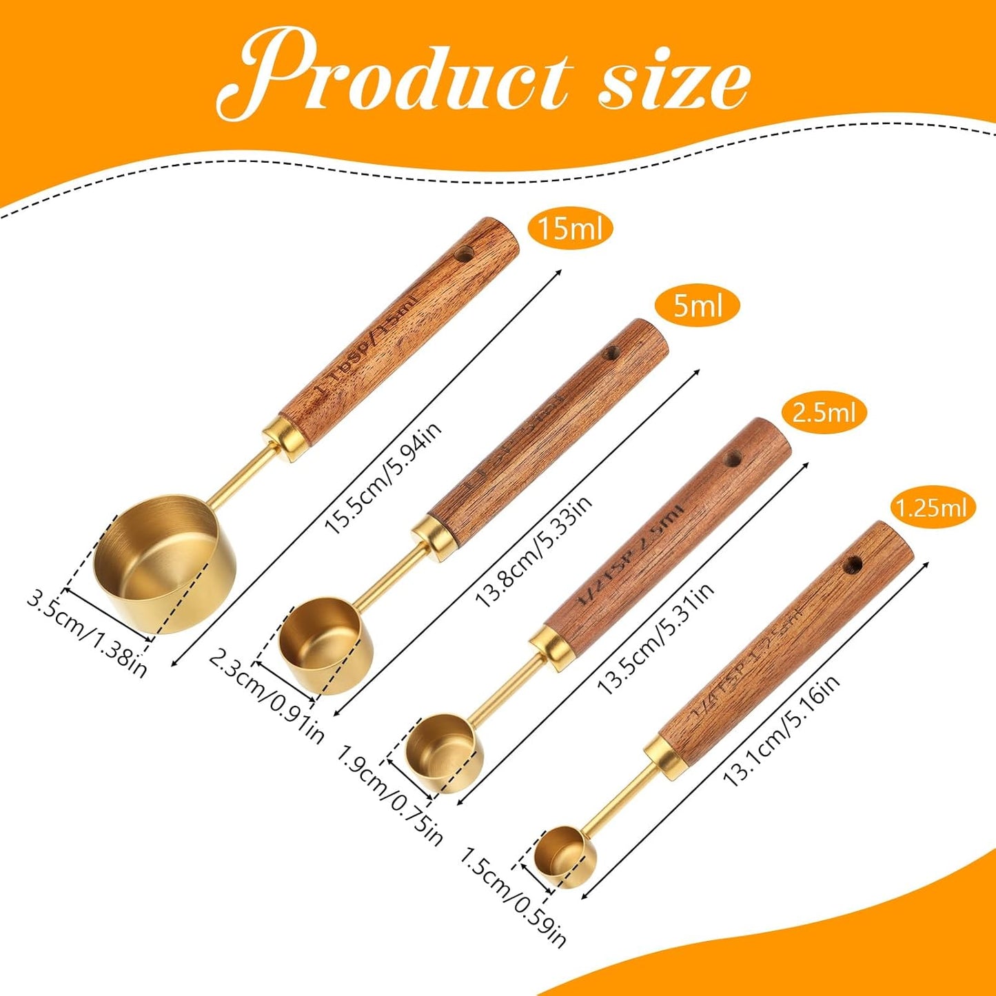 Juego de 4 cucharas medidoras doradas de acero inoxidable con asa de madera