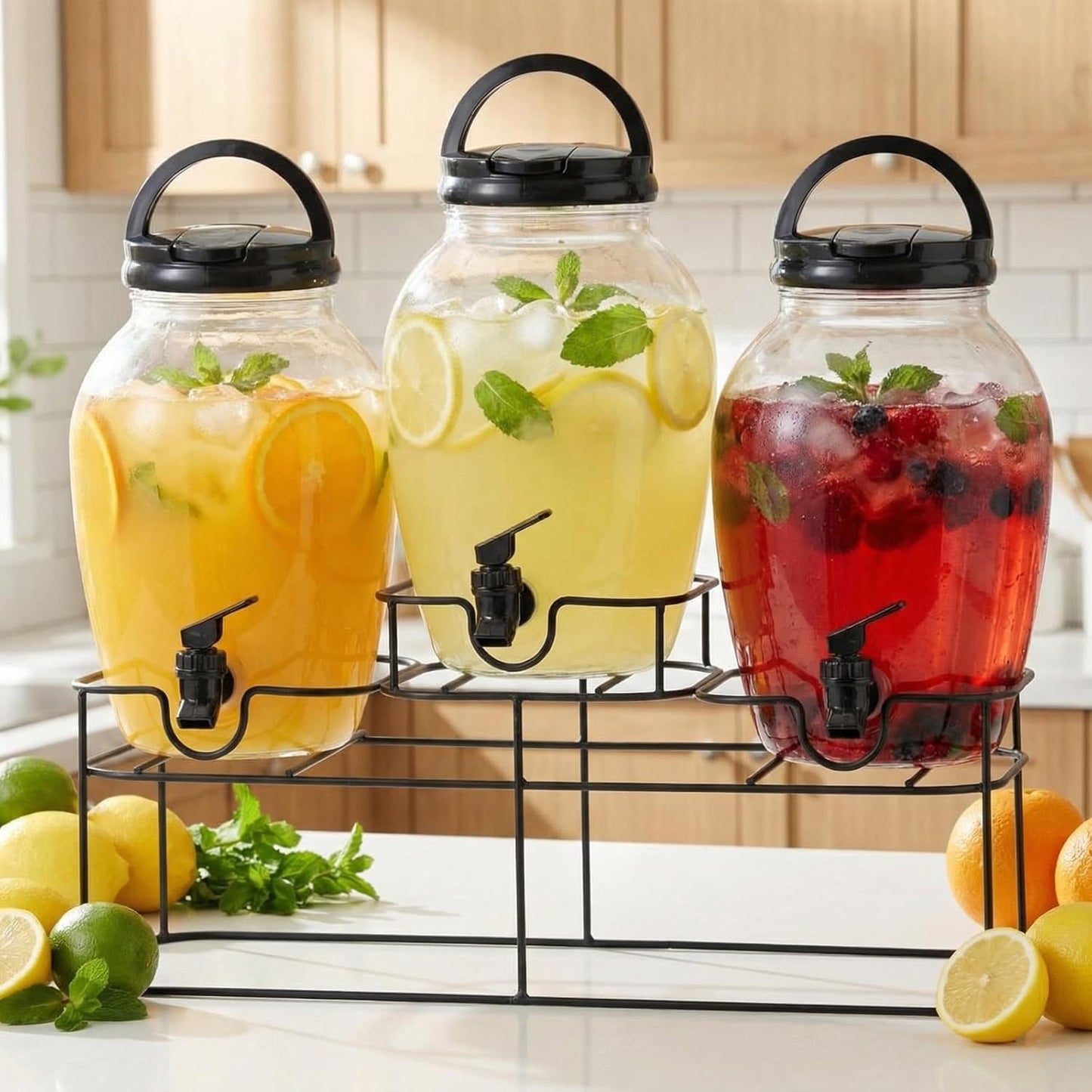 Dispensador bebidas plástico 3 pzas soporte metal 1.2gal fiestas