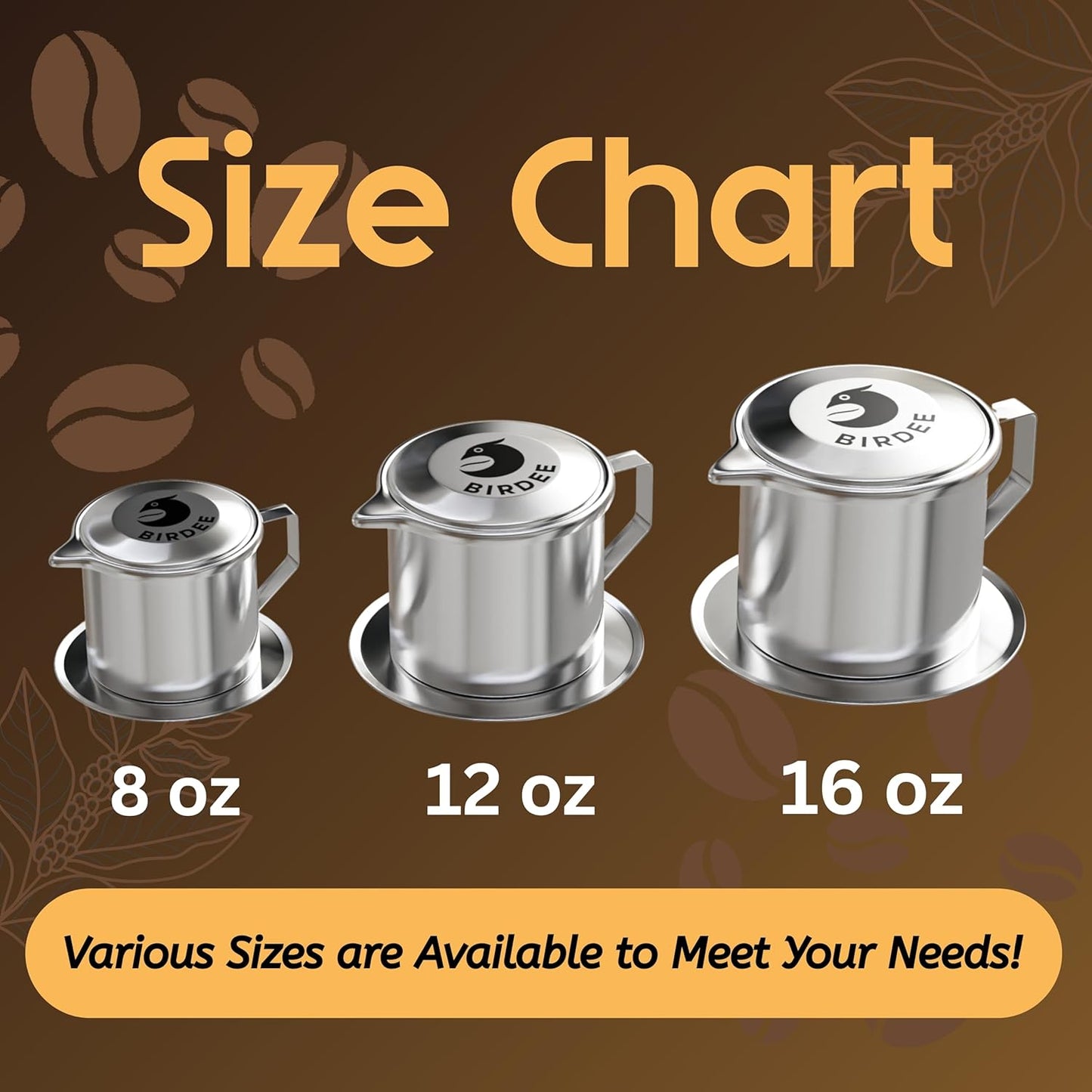 Gotero de café vietnamita acero inoxidable 18/10 16 oz filtro grande