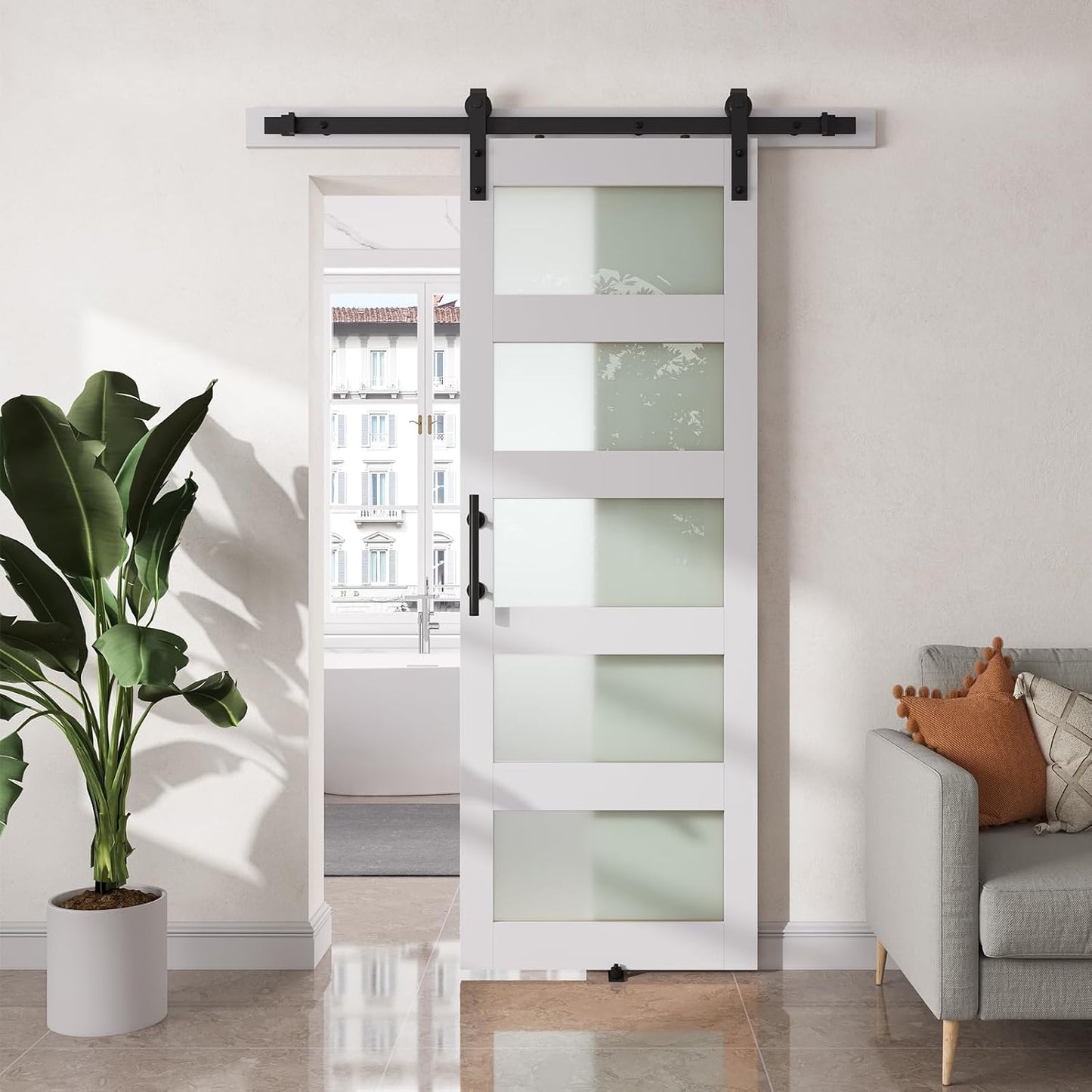 Puerta granero vidrio 30x84pulg 5 paneles PVC blanco