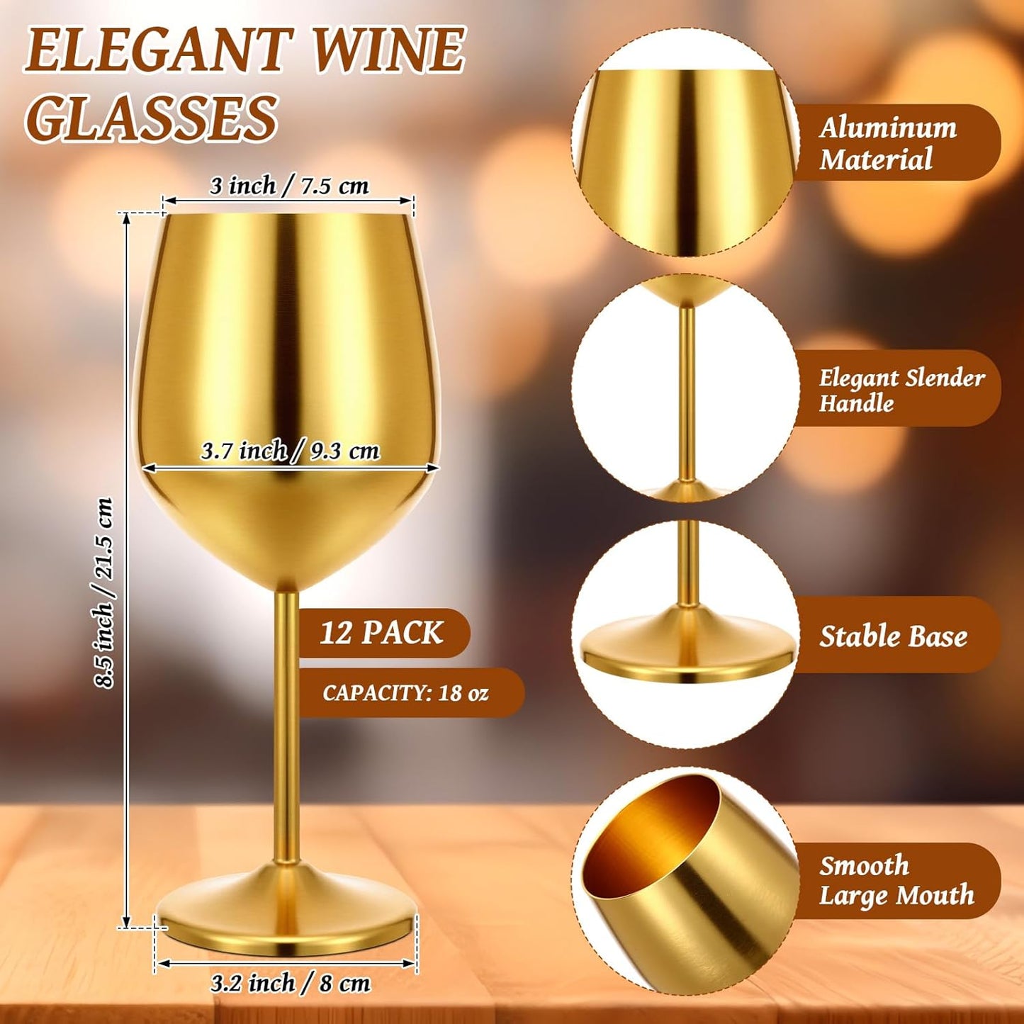 12 Copas Vino Aluminio 18oz Doradas Tallo Elegantes