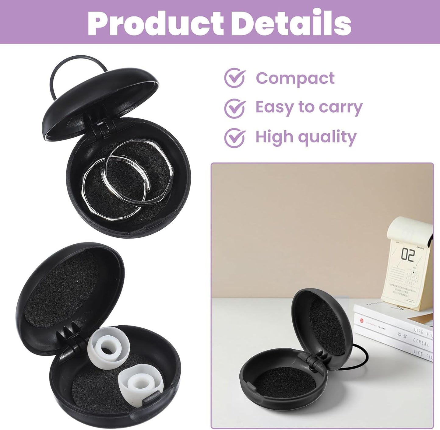 4 Fundas tapones oído portátiles redondas con cordón negro