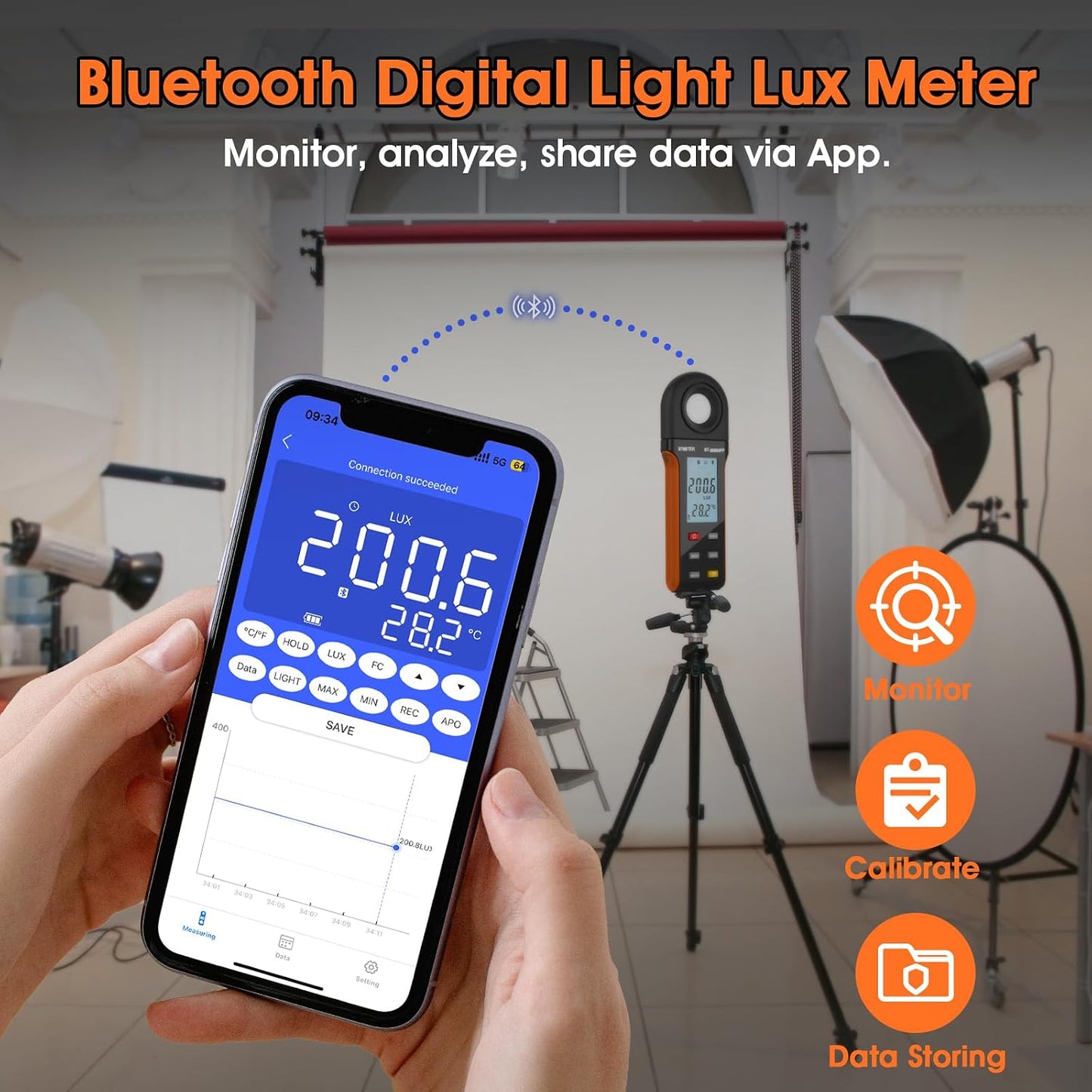 Medidor luz Bluetooth digital 1-400k Lux