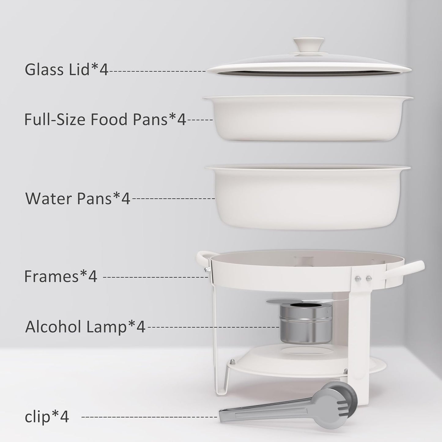 Set 4 Platos Buffet Acero Inox Granito Blanco Calentador Alimentos