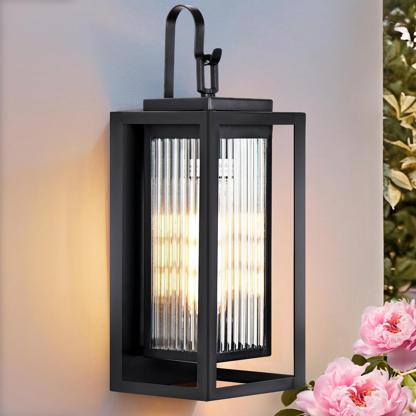 Luz pared exterior moderna negra 18pulg metal doble vidrio