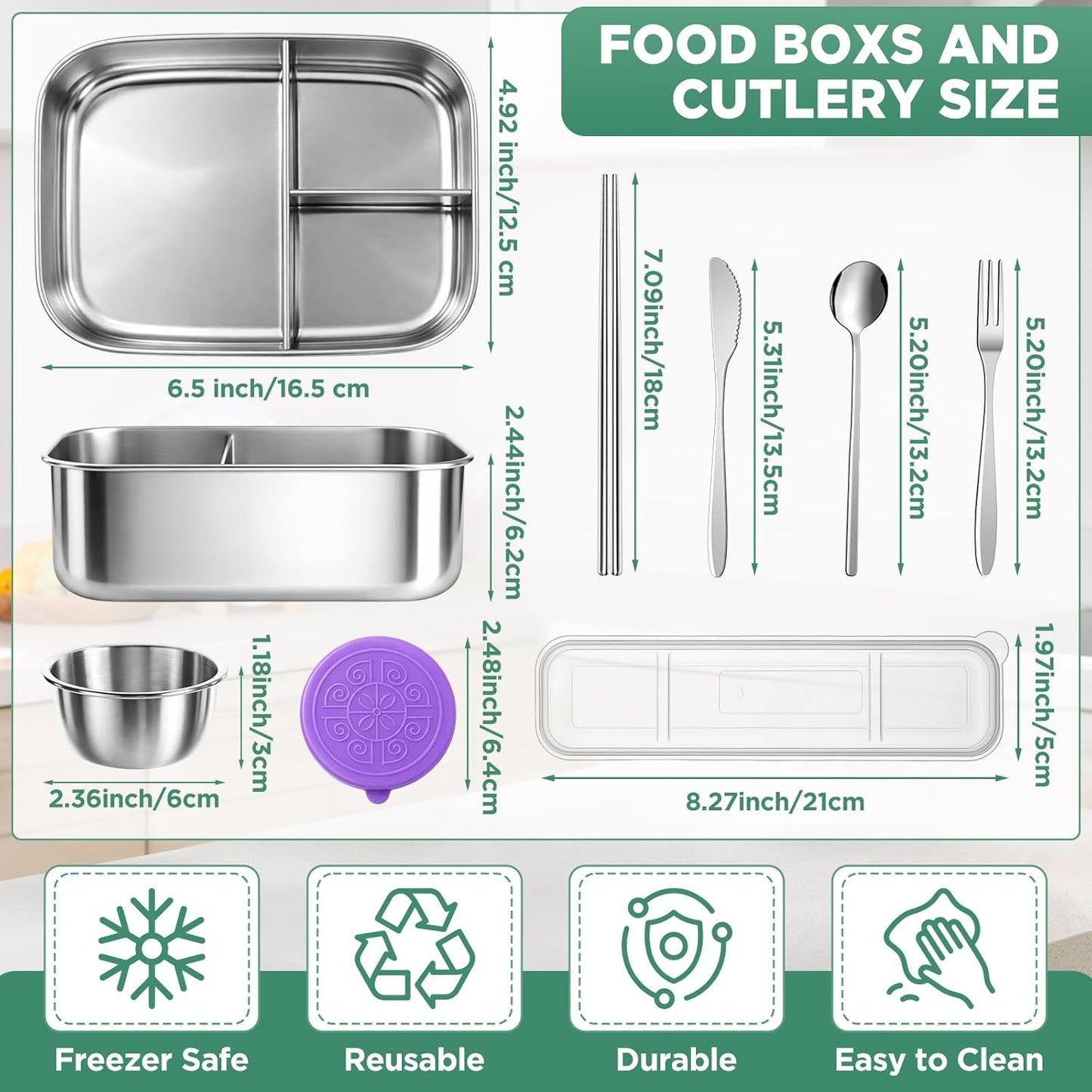 Caja Bento 28 Pzas Acero Inox 3 Compartimentos Cubiertos