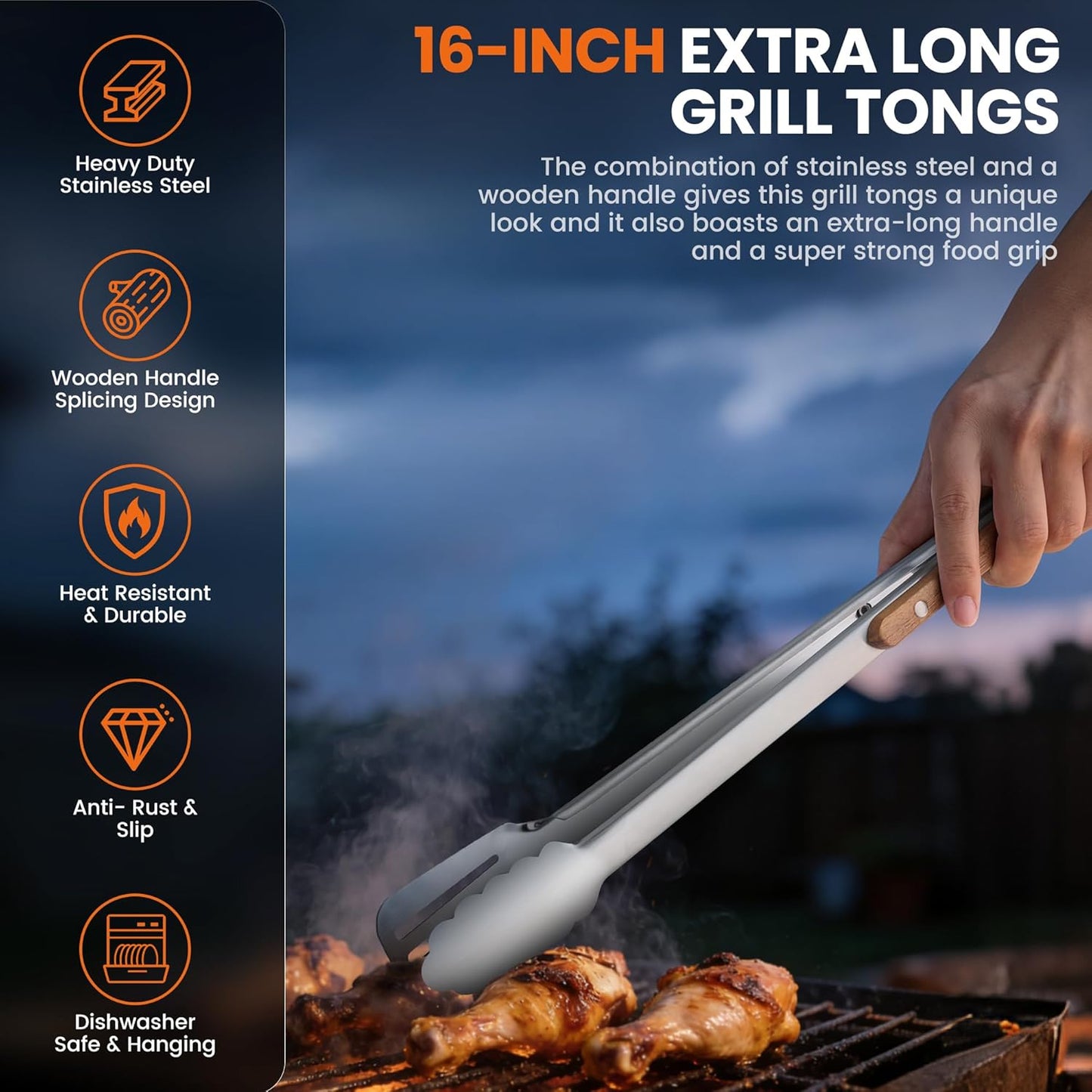 Pinzas parrilla 16pulg acero inox asas madera resistentes