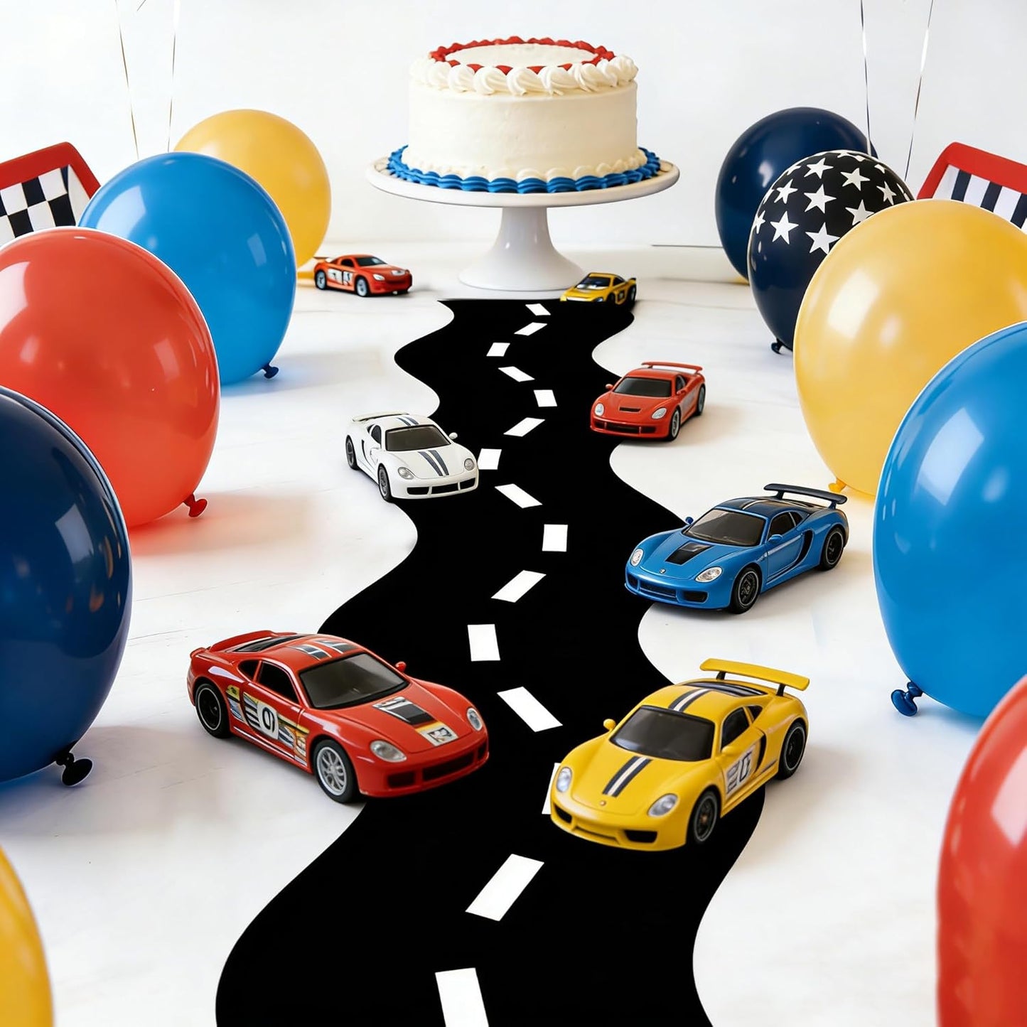 Camino de mesa decoración fiestas carreras diseño forma S negro con líneas blancas