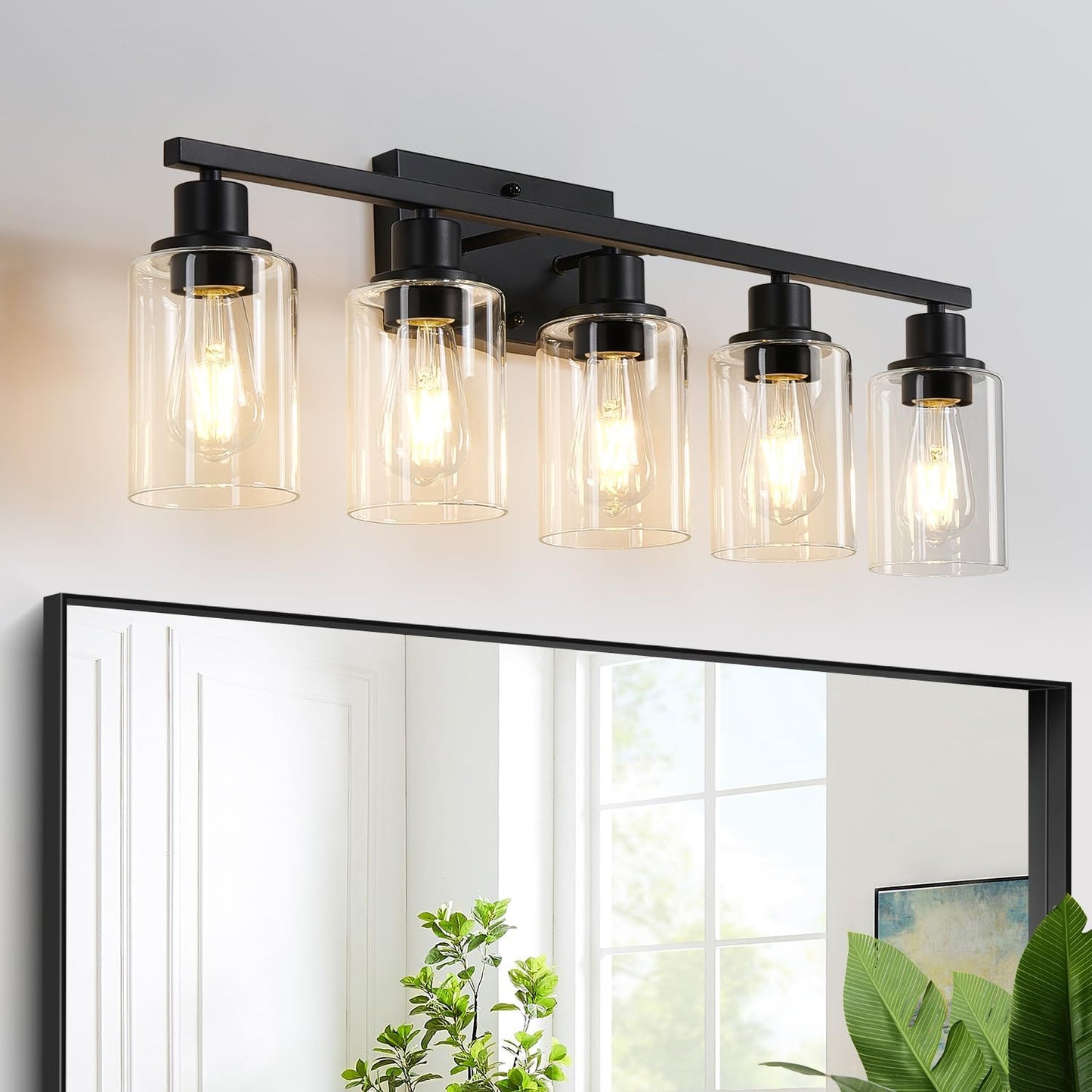 Lámpara baño 5 luces vidrio transparente negra mate moderna