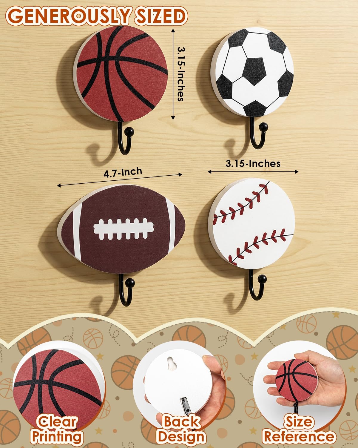 4 Ganchos Bola Temática Deporte Sala Baño Decorativo