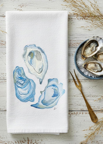 Toalla de té de cocina de ostras azules acuarelas 100% algodón 17x30 pulgadas con lazo