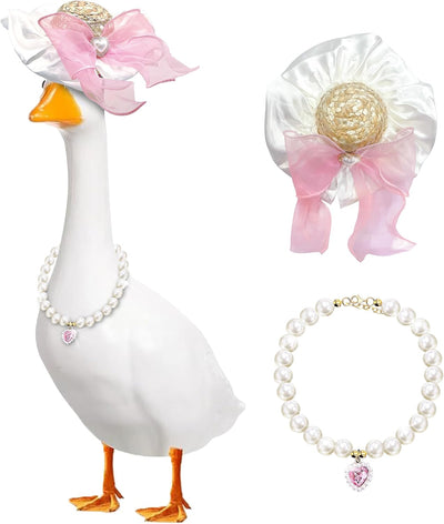 Juego sombrero ganso y collar perlas para porche jardín rosa