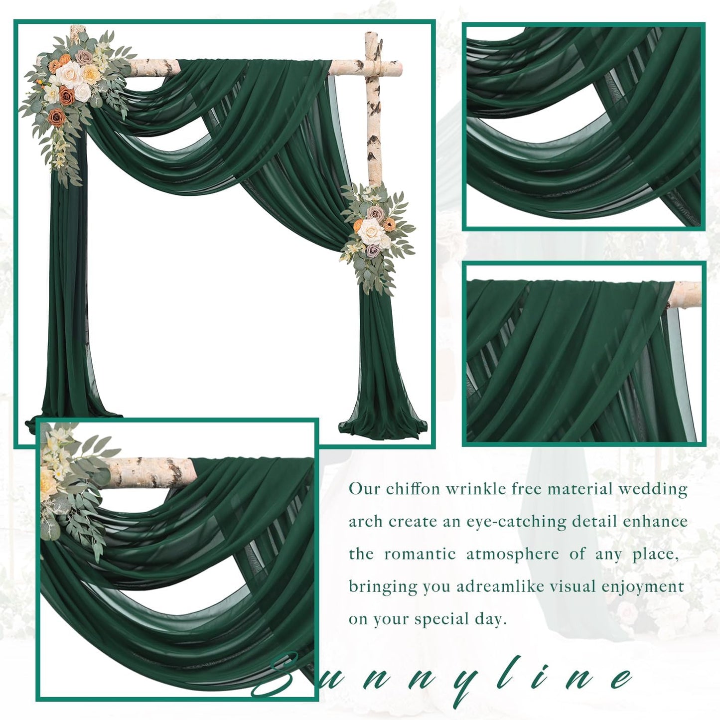 2 Telas Arco Boda 20ft x 28pulg Verde Esmeralda Gasas Transparentes