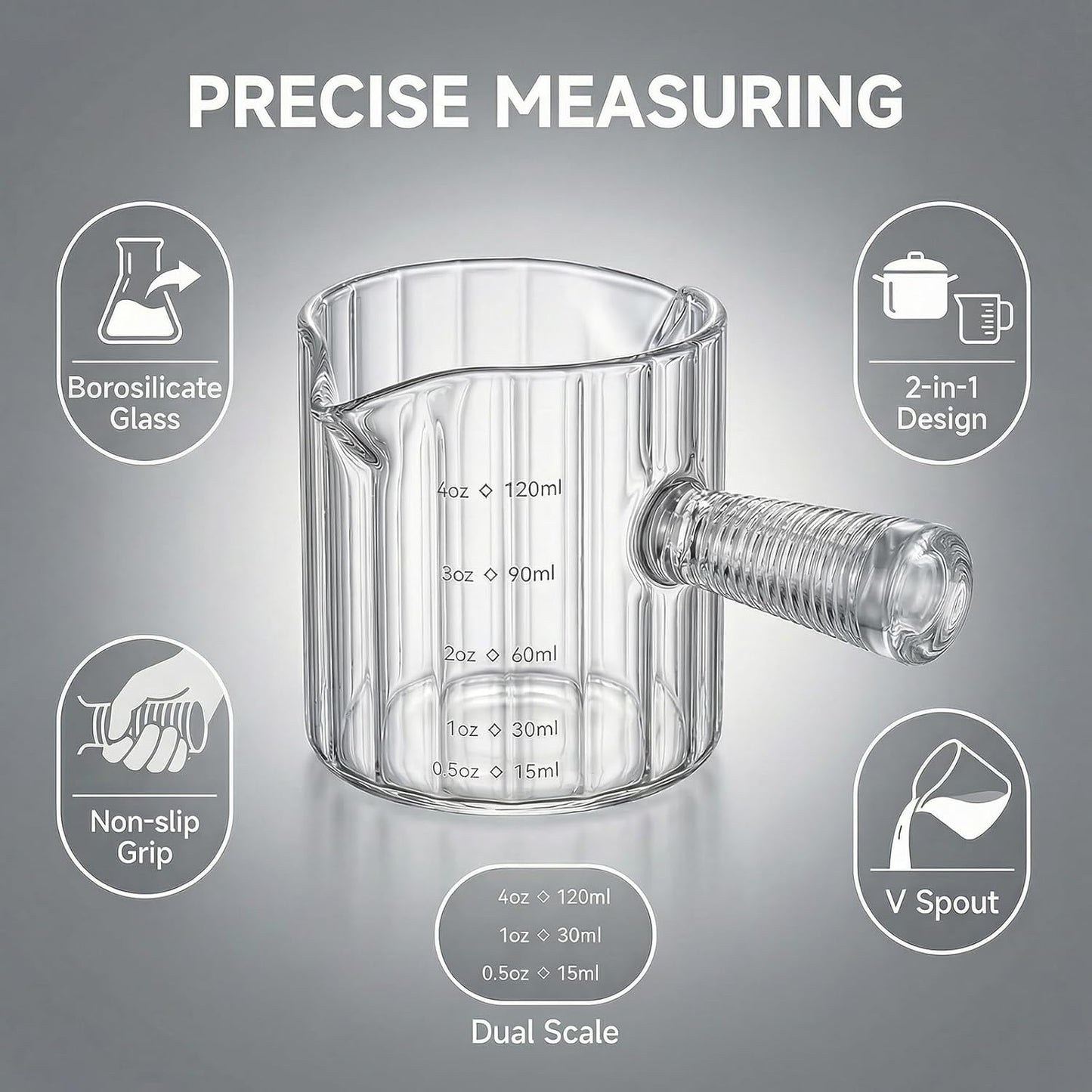 Jigger de medición de vidrio para bartending con taza de 1/2 oz a 4 oz