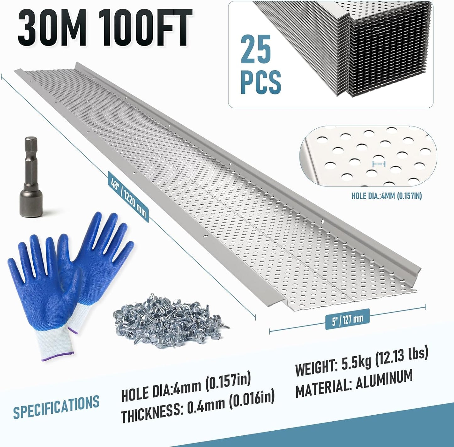 Protector canalón 5pulg aluminio 25 pzas 100ft