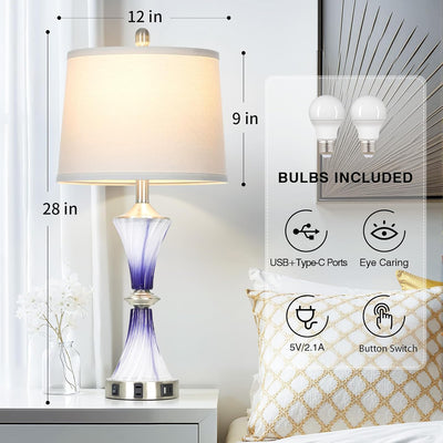 2 Lámparas Mesa Cristal Morado con Puertos USB y Salida CA
