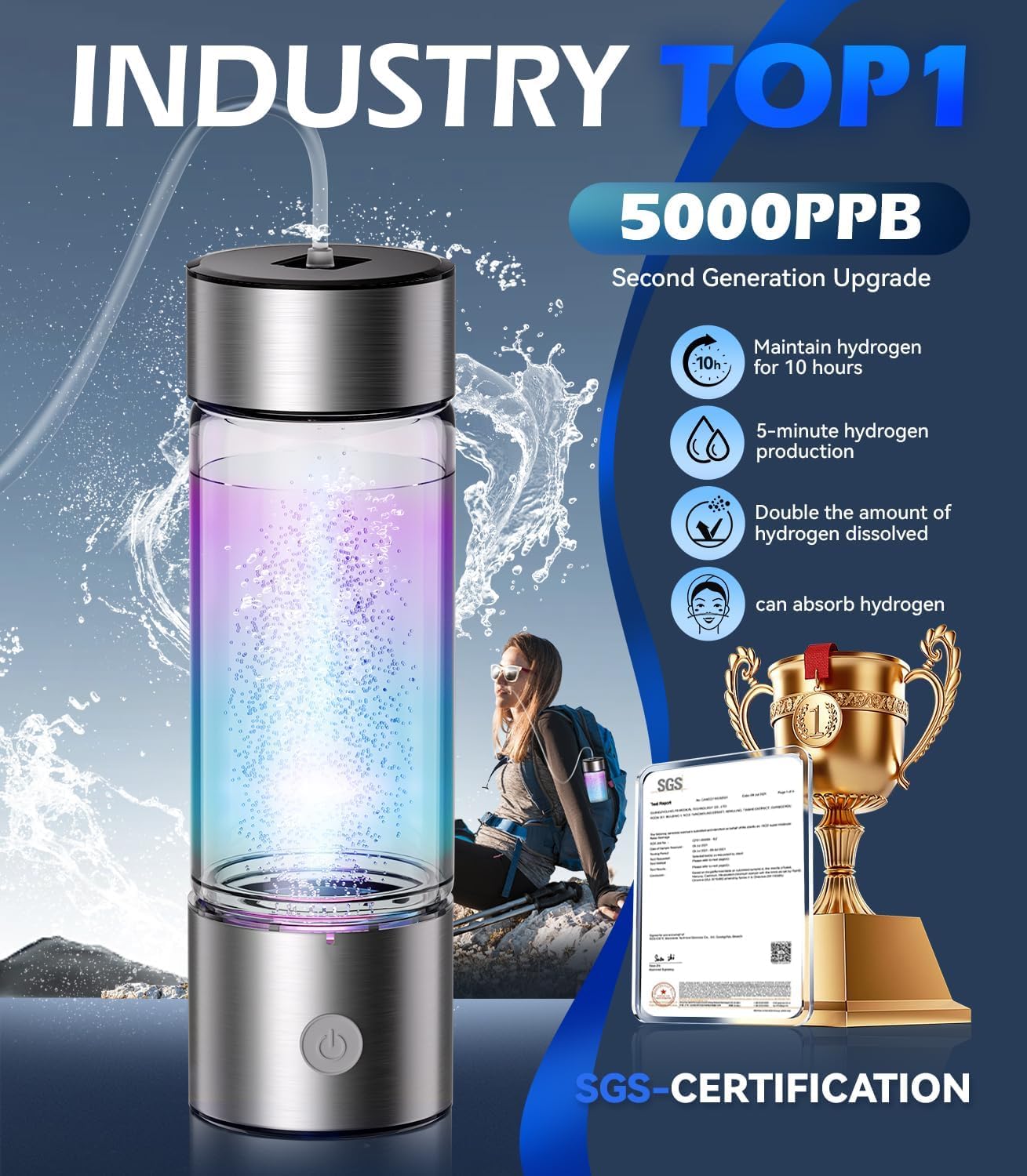 Botella agua hidrógeno Certificación SGS 5000ppb
