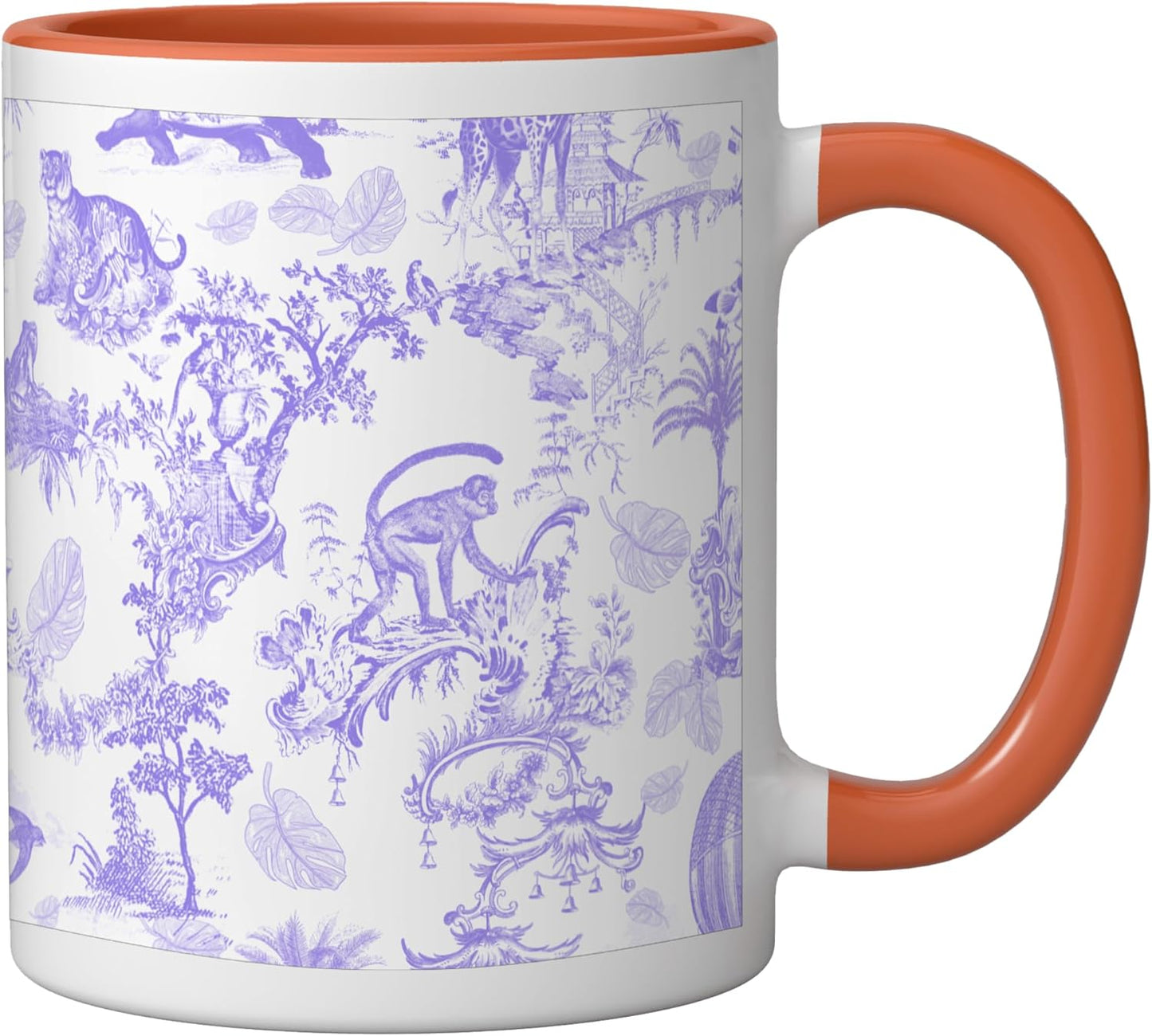 Taza cerámica chinoiserie lilac con leopardos, monos y palmeras