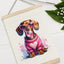 Marco colgante perro salchicha con lazo rosa arte pared