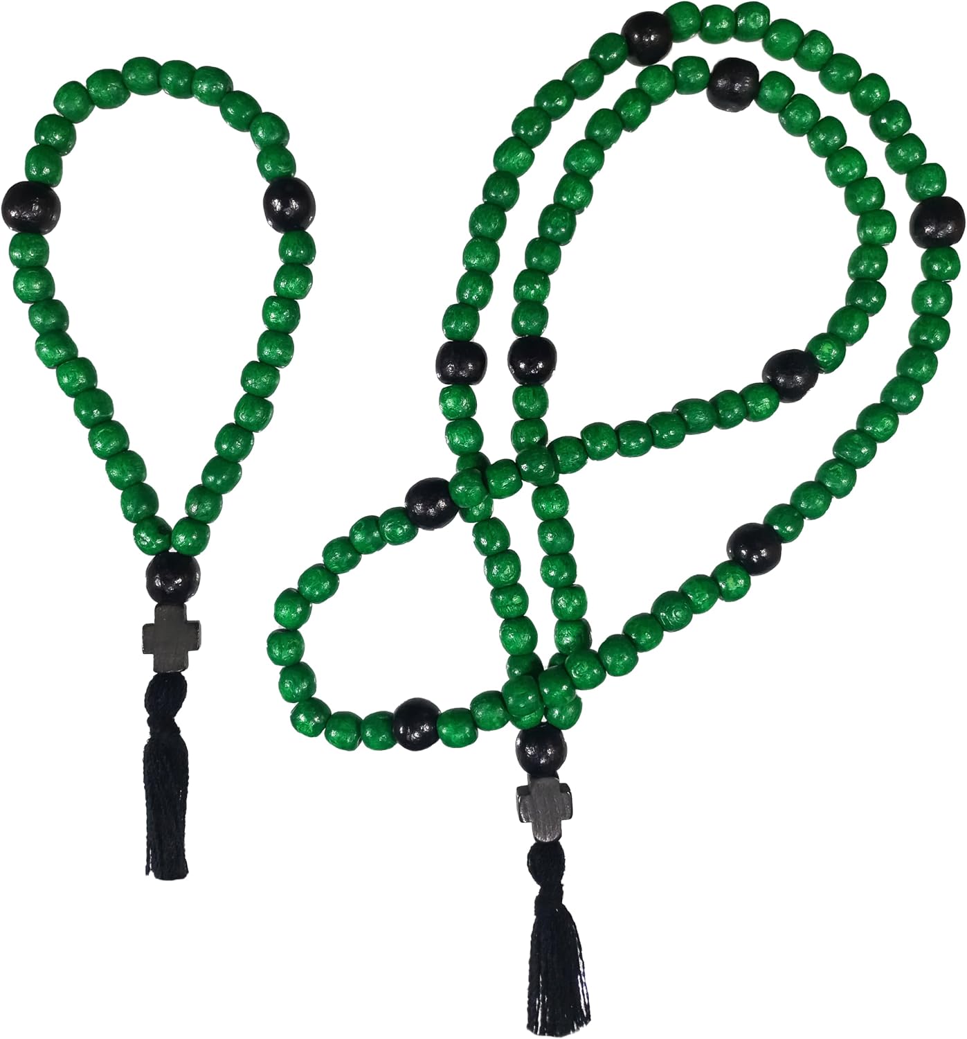 Cuerda oración cristiana madera 100 nudos cruz verde