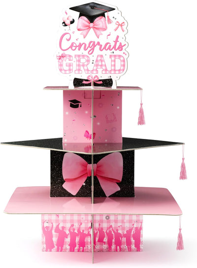 Soporte para cupcakes con lazo rosa 3 niveles graduación universidad
