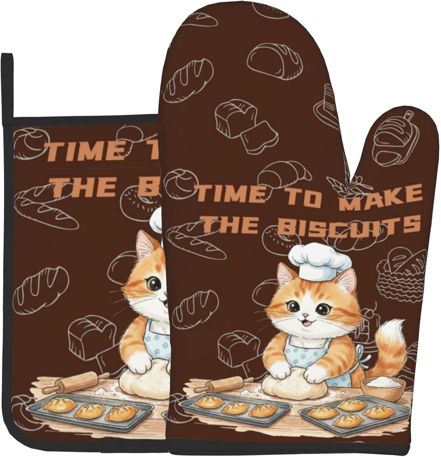 Juego de guantes de horno con patrón de gato y soporte para ollas resistente al calor
