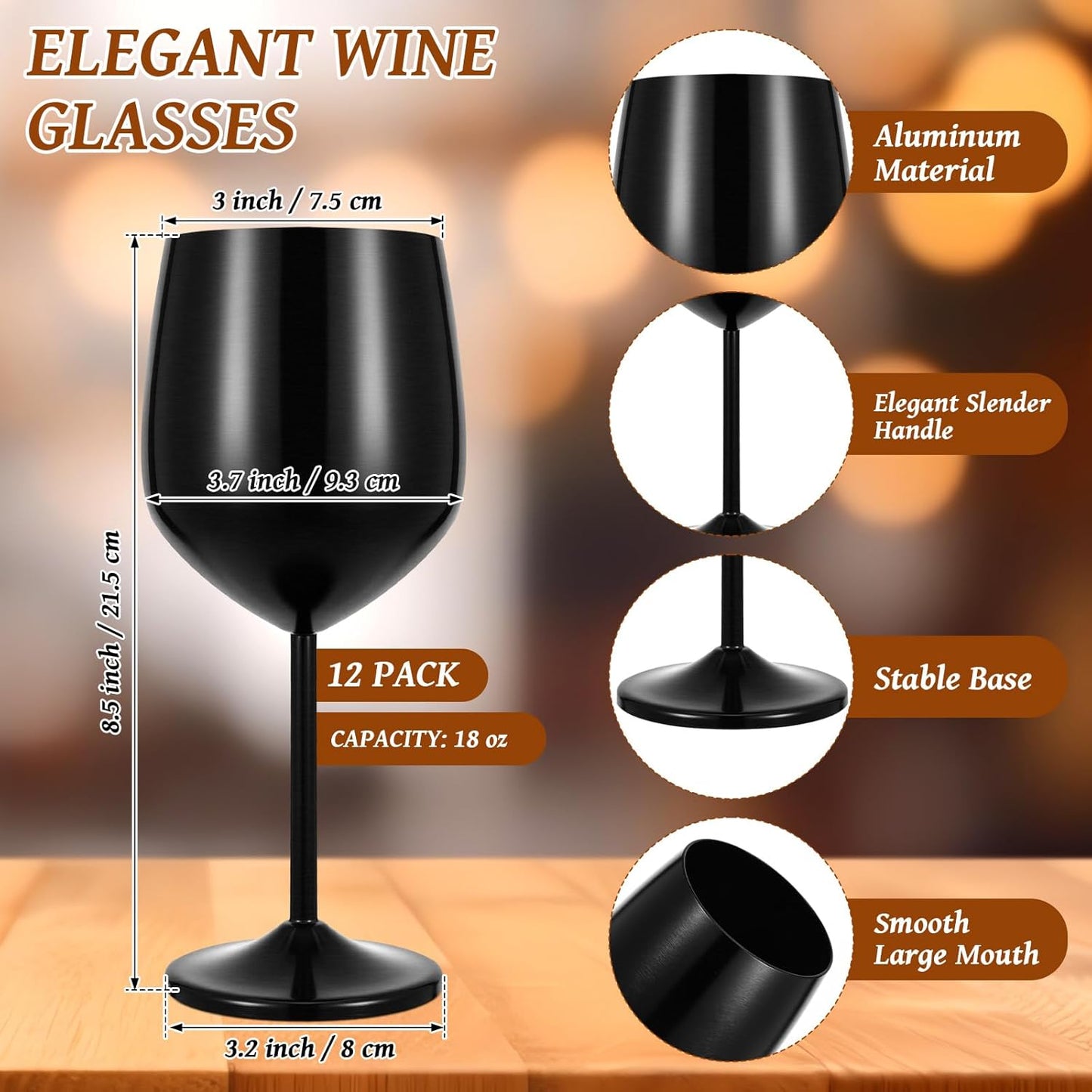 12 Copas Vino Aluminio 18oz Negro Elegantes Tallo