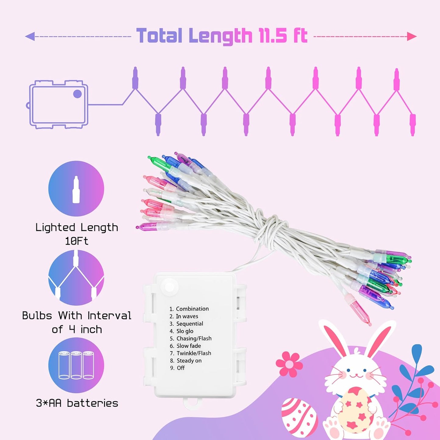 30 Luces LED Pascua 11.5pulg Pastel 8 Modos Impermeable