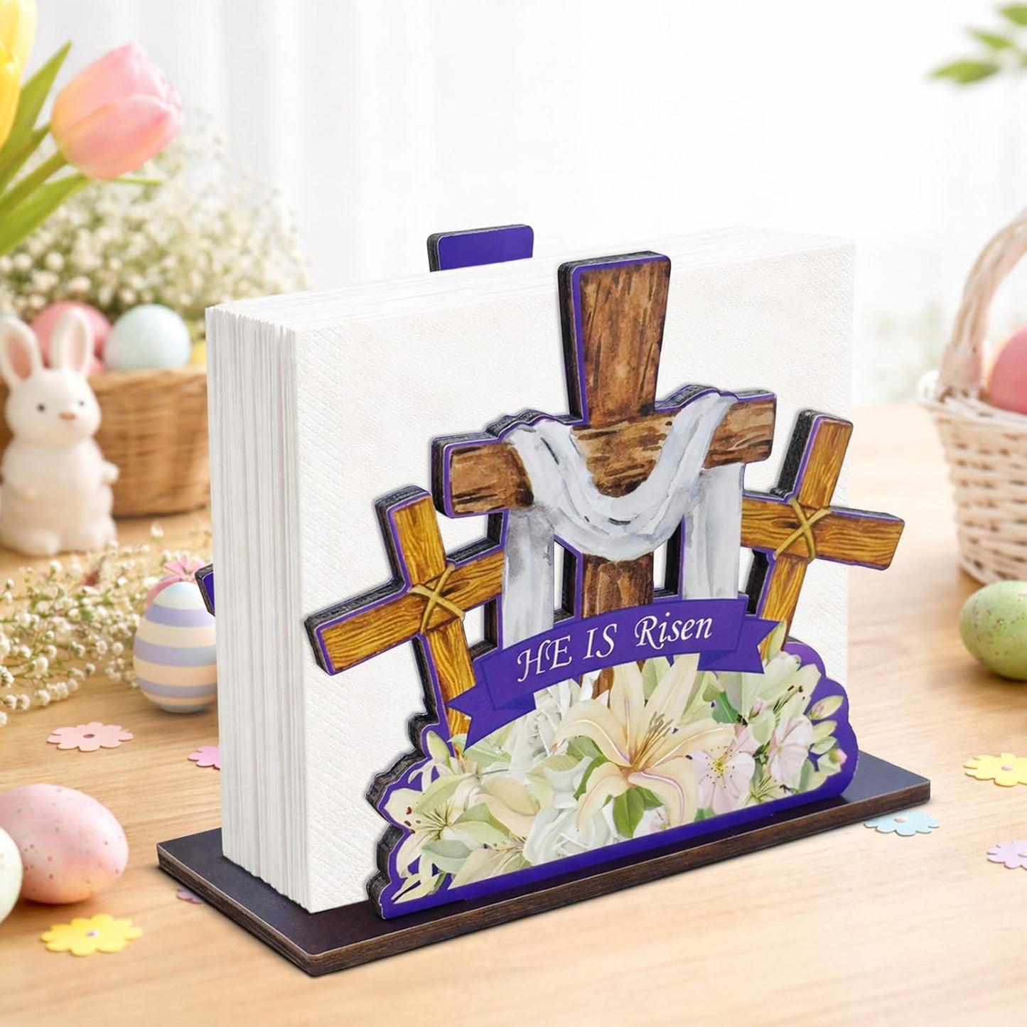 Servilletero rosa Pascua 'He is Risen' madera cocina