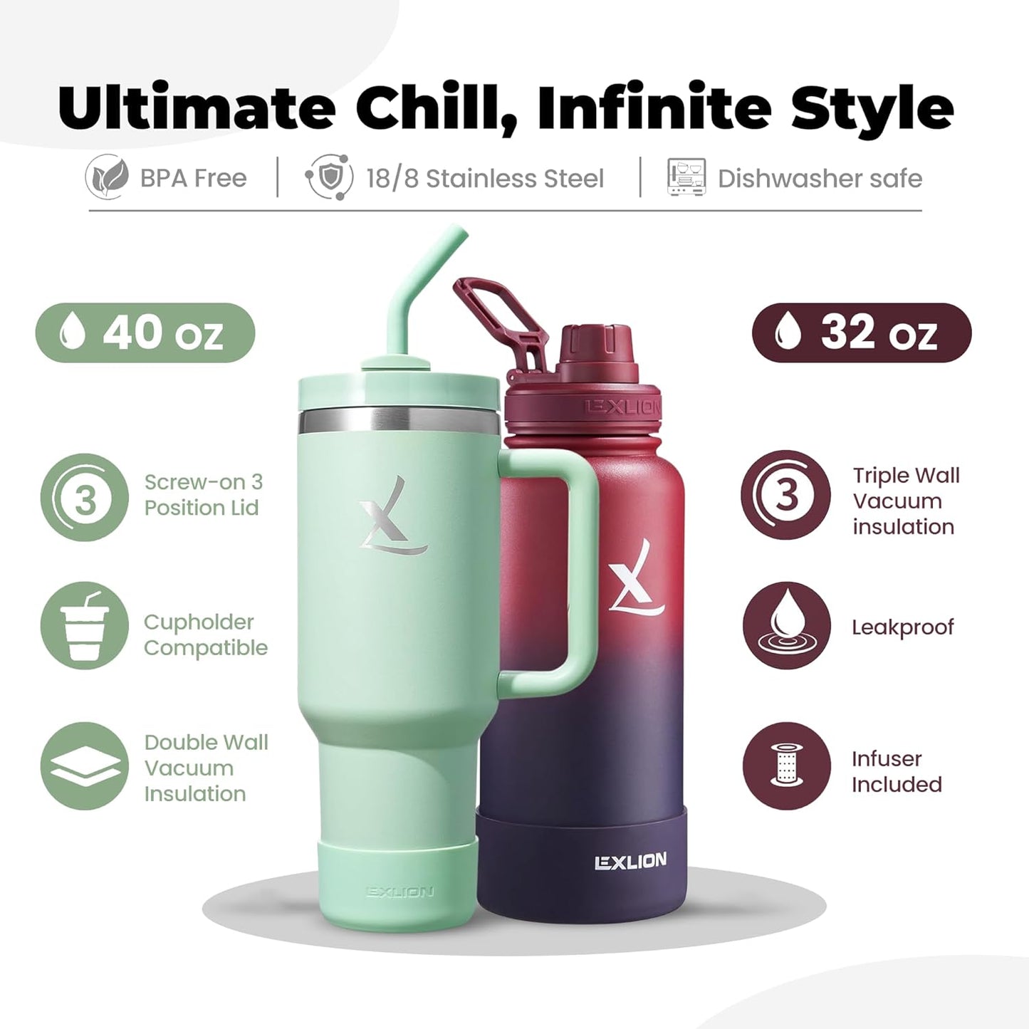 Botella agua infusor té 32oz vaso FlowOne 40oz acero inox sin BPA
