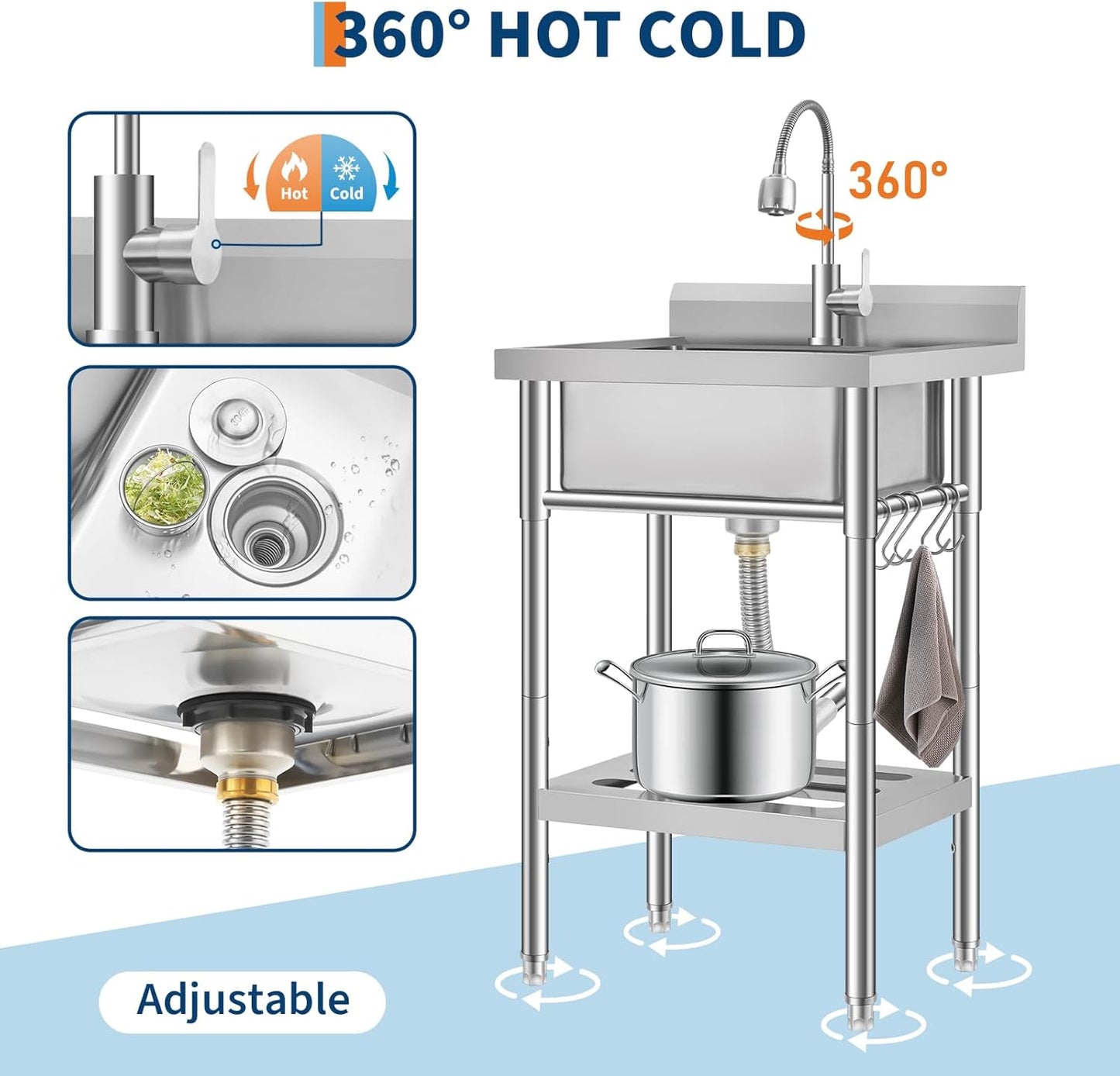Fregadero acero inox tubos frío caliente con estante ganchos S