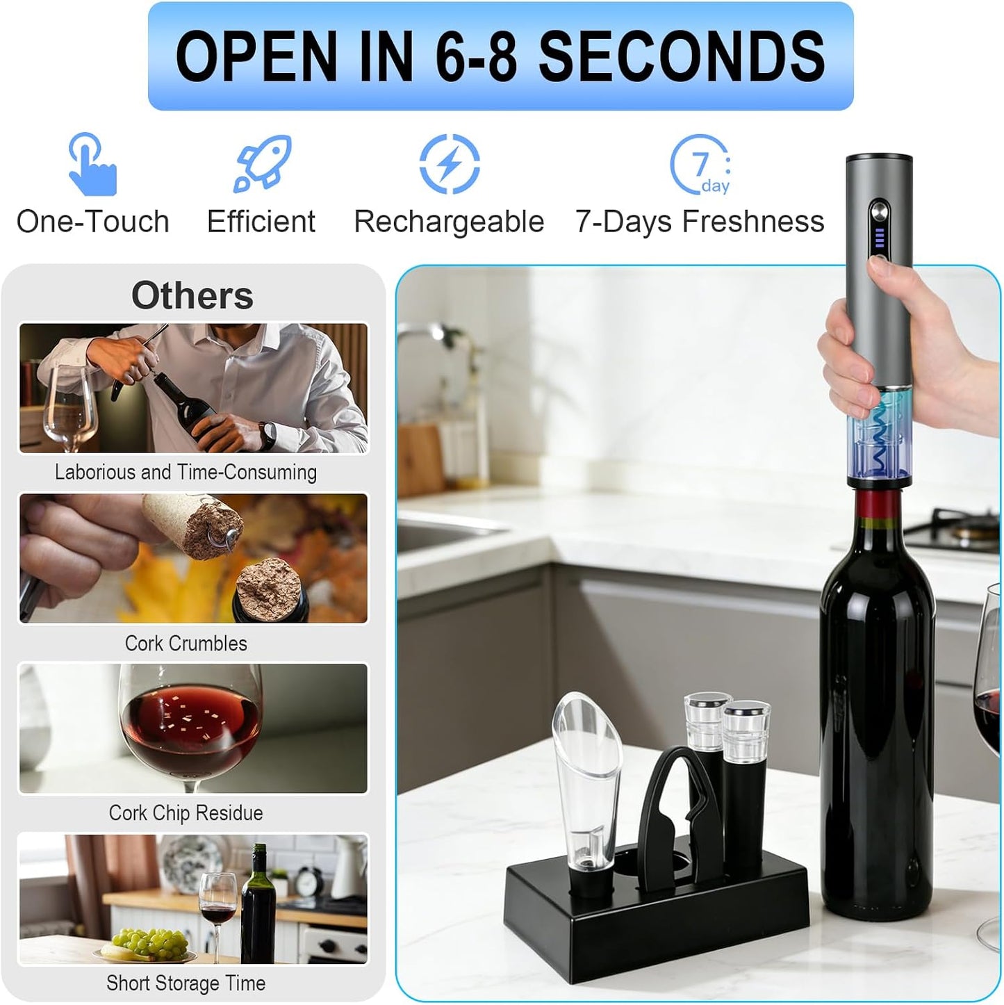 Abrebotellas vino eléctrico USB-C con cortador y aireador